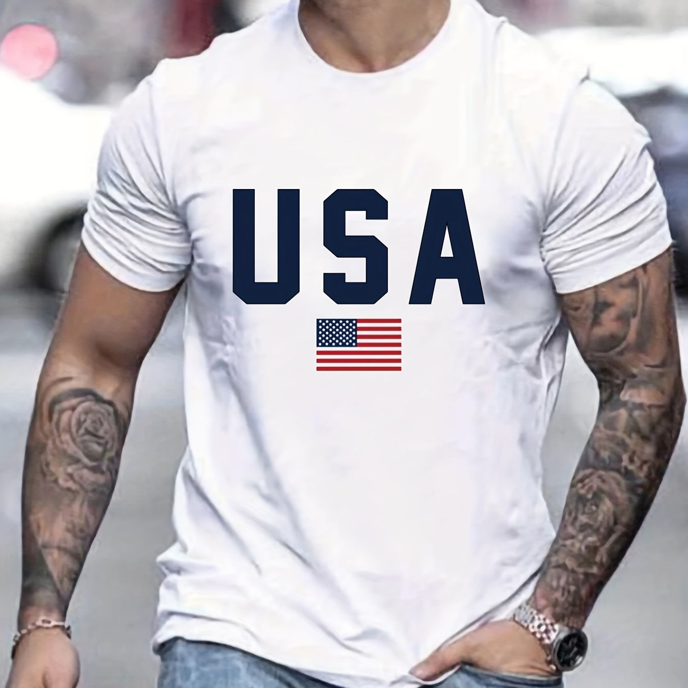 

Usa Letter Printed T-shirt Men's Summer Slightly Elastic Round Neck T-shirt