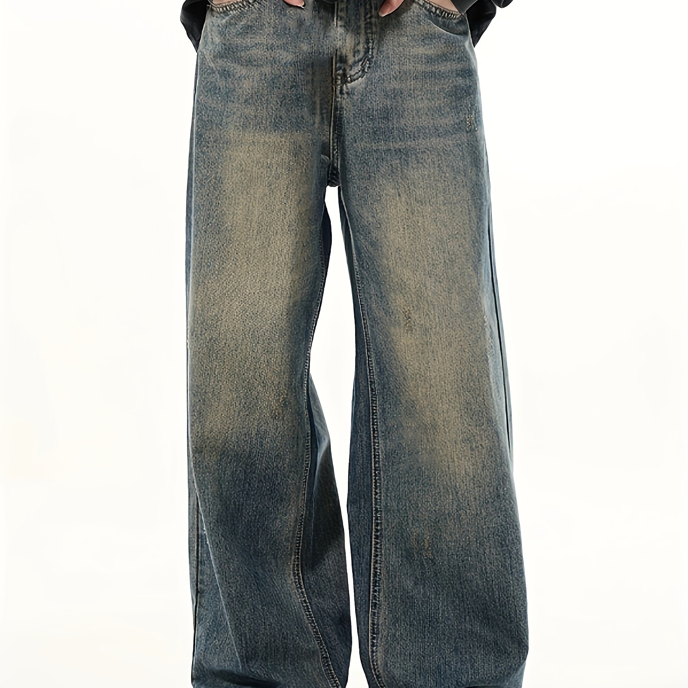 

Men's Wide Leg Jeans, Cotton Denim, Loose Fit, Non-stretch, Solid Color, Washed, For Wear