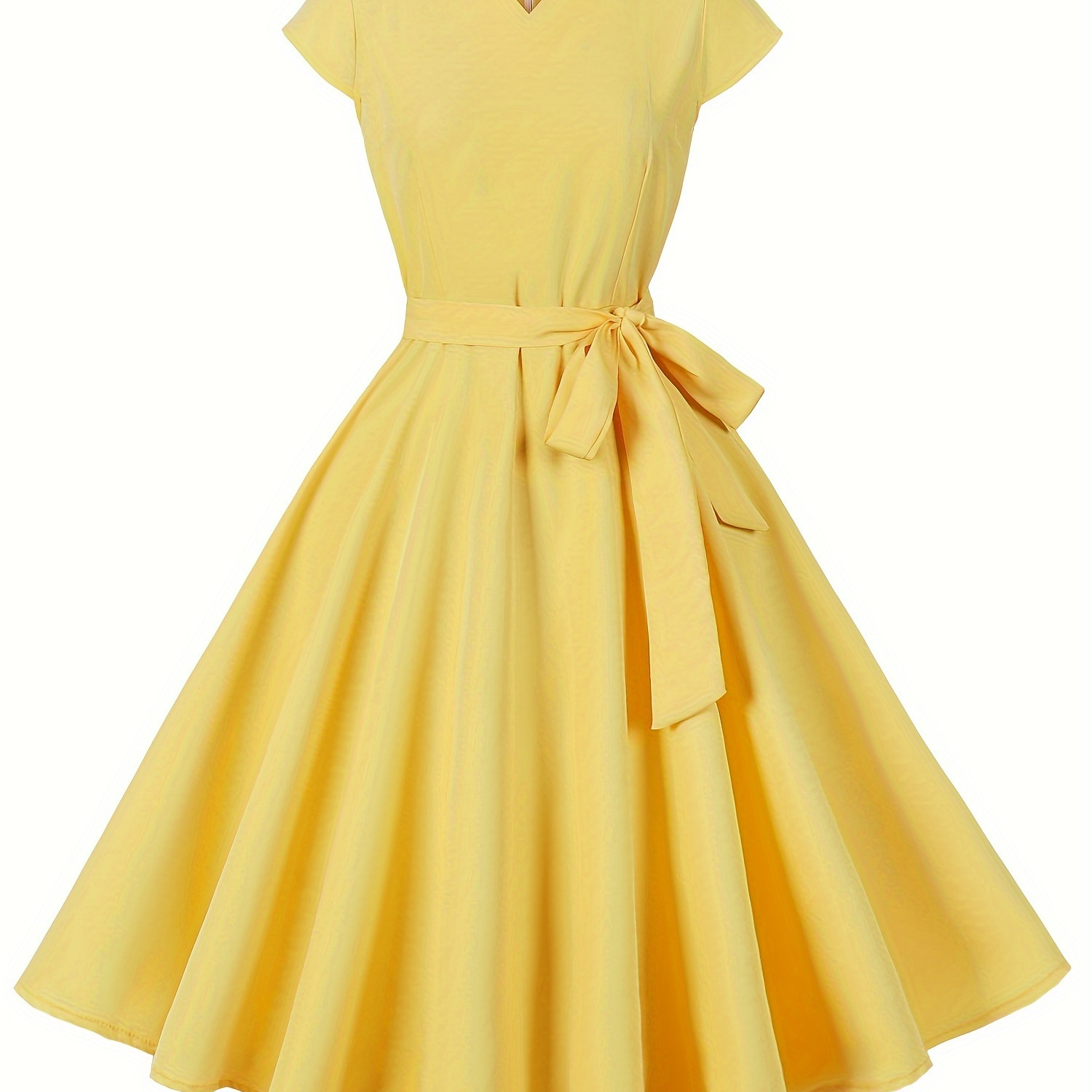 

Vintage V-neck Casual Dress With Belt Detail - 100% Polyester Solid Color Swing Dress For Adults - Summer A-line Skirt