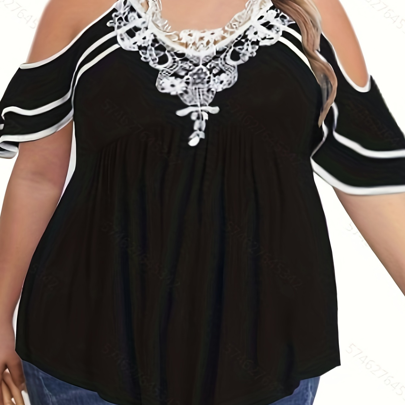 

Plus Size Contrast Lace Cold Shoulder T-shirt, Women's Plus Medium Stretch Short Sleeve Elegant Tee