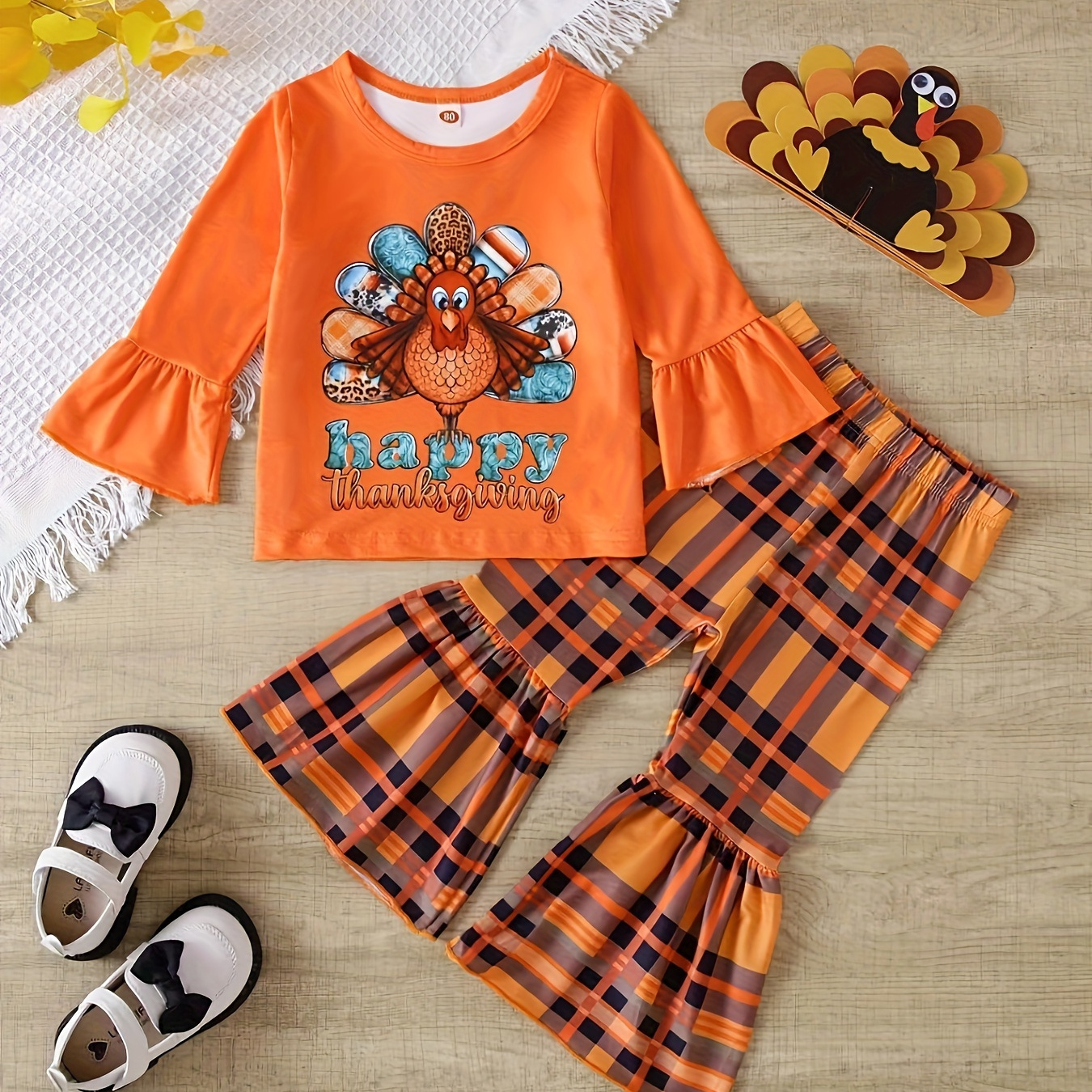 

Girls Sweet Outfits, Happy Thanksgiving Print Turkey Graphic Pullover + Plaid Flare Pants Set