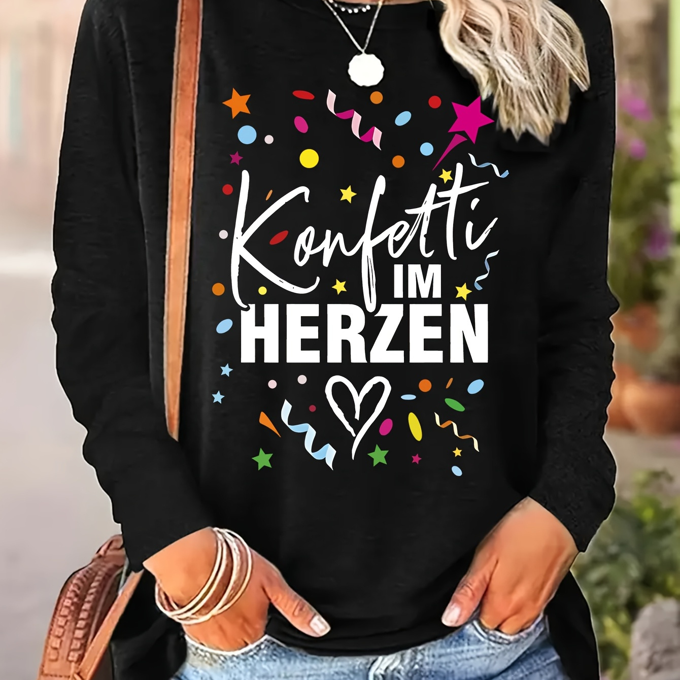 

Women's Plus Size Long Sleeve T-shirt - "konfetti Im Herzen" , Black Casual With Design, Soft Polyester For Spring/summer/fall