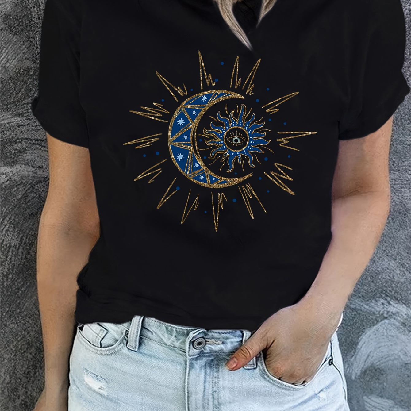 

Sun & Moon Print T-shirt, Short Sleeve Crew Neck Casual Top For Summer & Spring, Women's Clothing