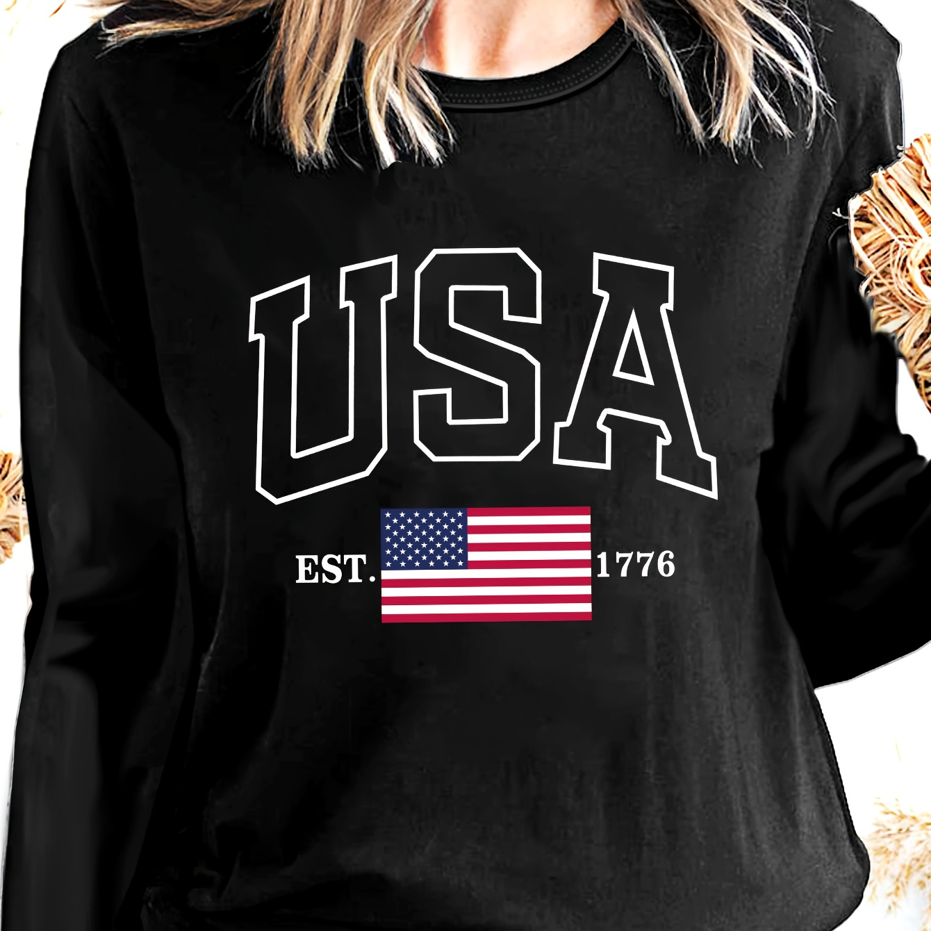 

Independence Day Usa Print T-shirt, Long Sleeve Crew Neck Casual Top For Spring & Fall, Women's Clothing