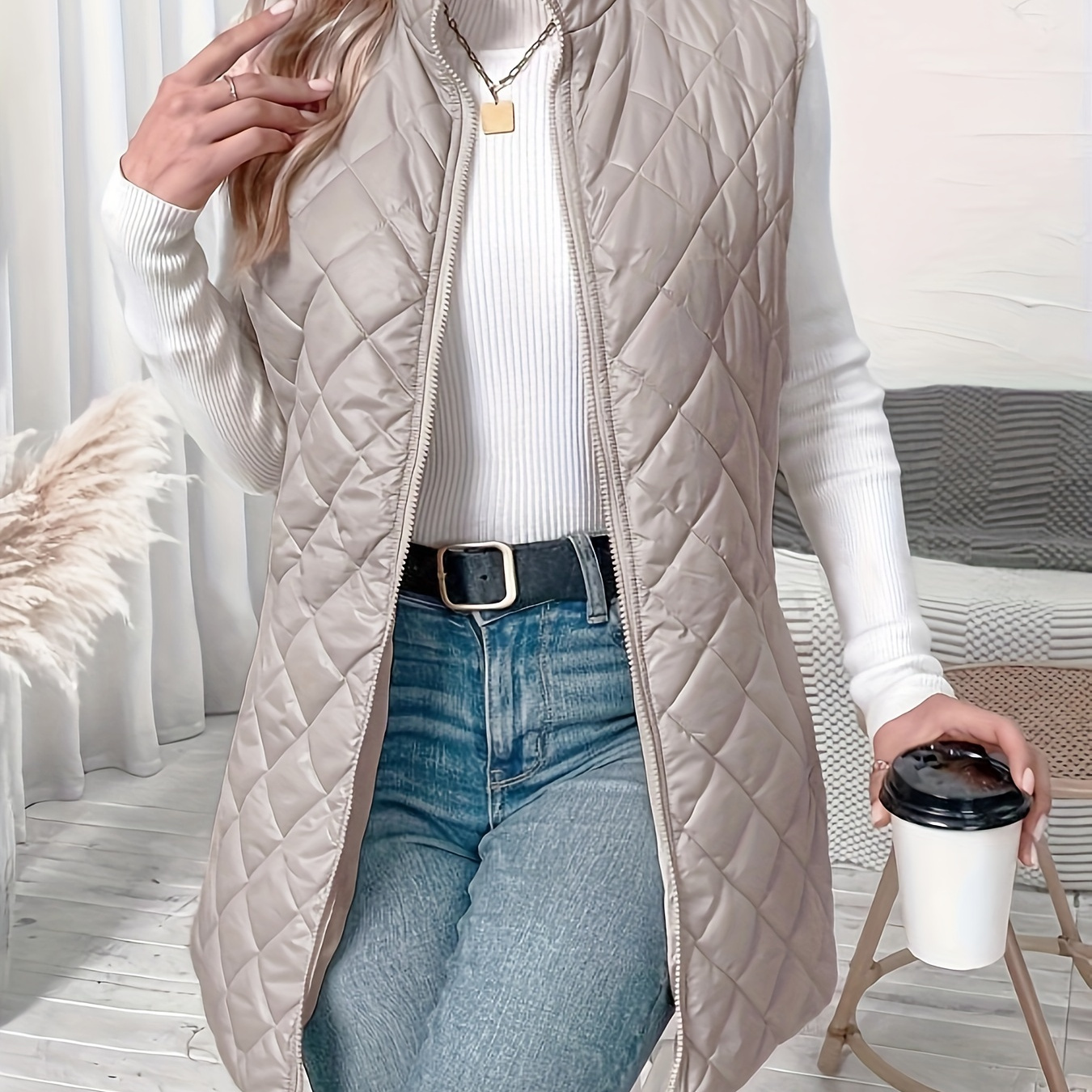 

Zipper Front Cotton Padding Vest, Versatile Sleeveless Dual Pocket Outwear Coat For Winter & Fall, Women's Clothing