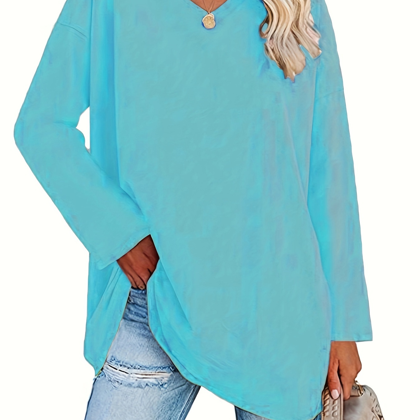 

Plus Size Solid Color V Neck T-shirt, Casual Long Sleeve Top For Spring & Fall, Women's Plus Size Clothing