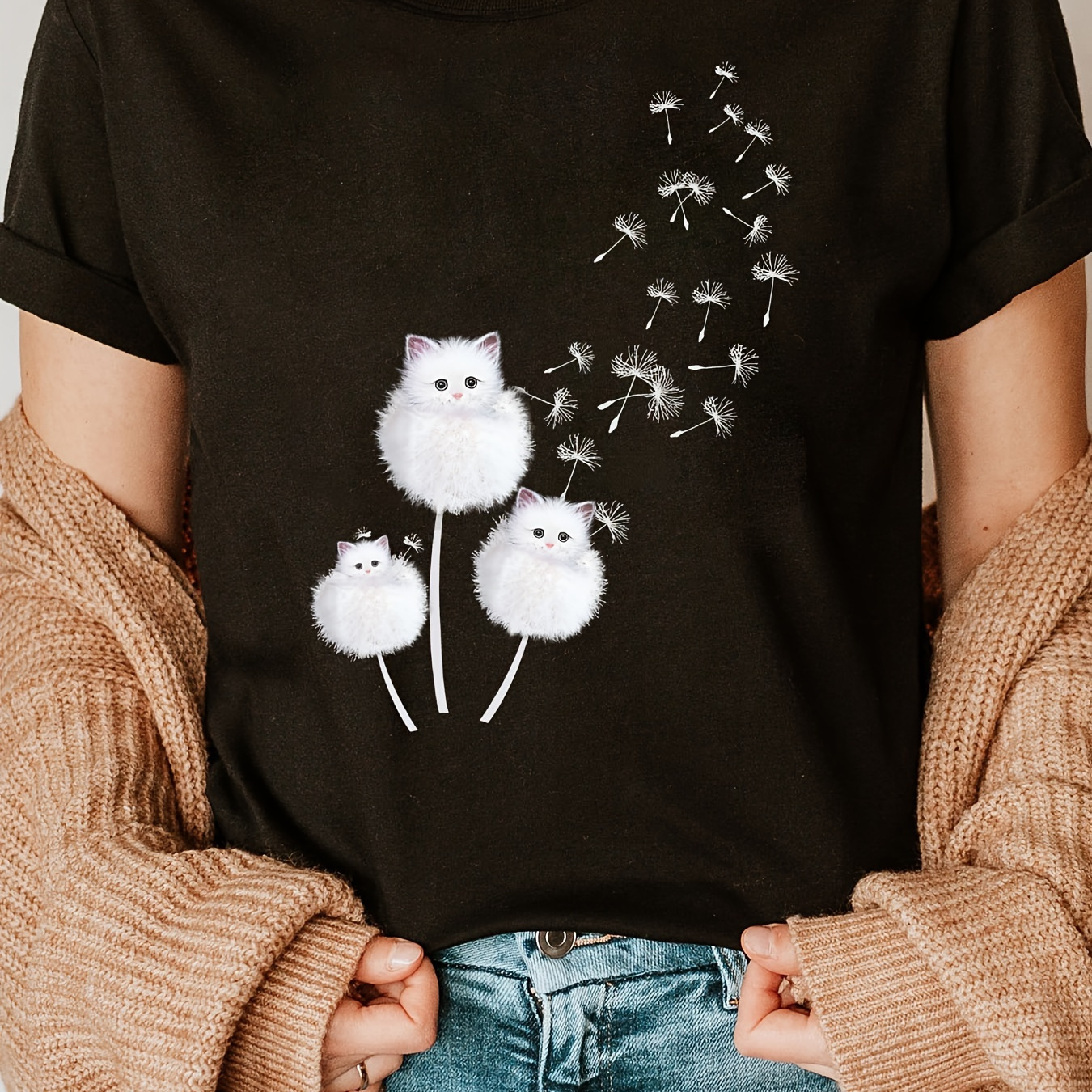 

Dandelion Print Crew Neck T-shirt, Short Sleeve Casual Top For Summer & Spring, Women's Clothing