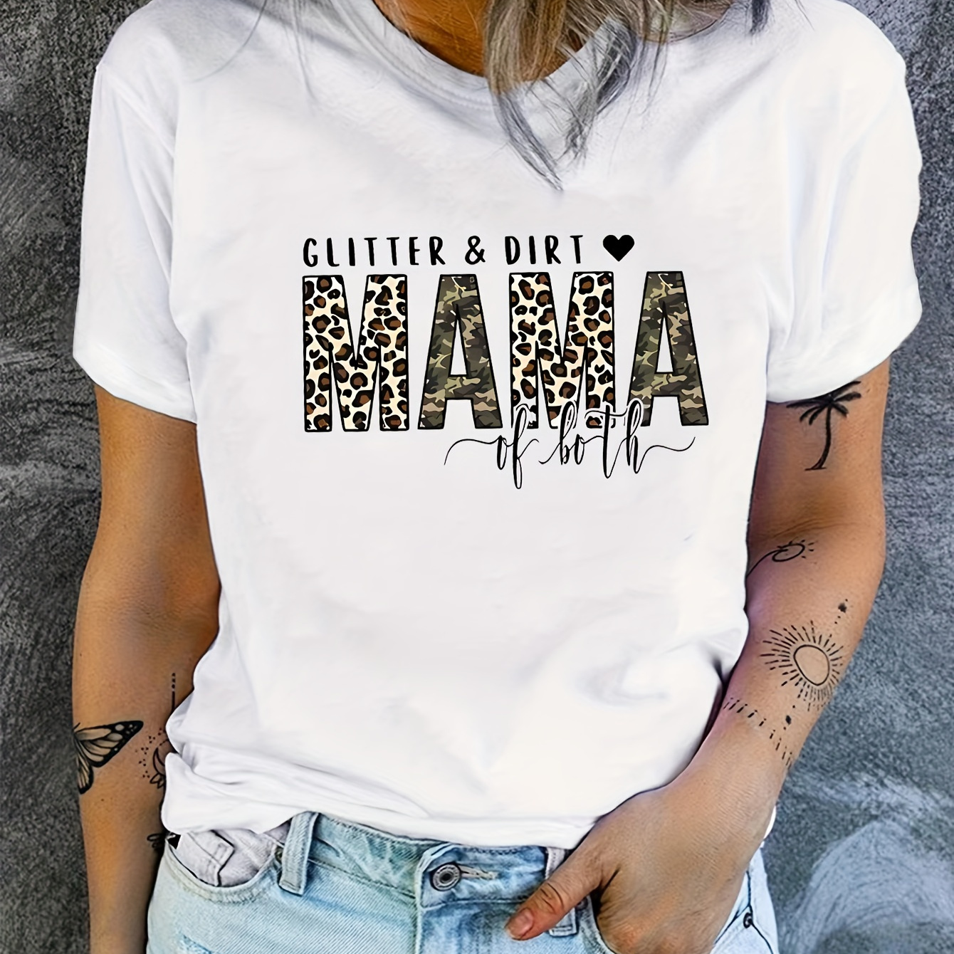 

Mother's Day Women's Casual T-shirt "glitter & Dirt Mama Of Both", Stylish Mom Tee, Fashionable Leopard Print & Heart Design, Soft Top, Daily Wear