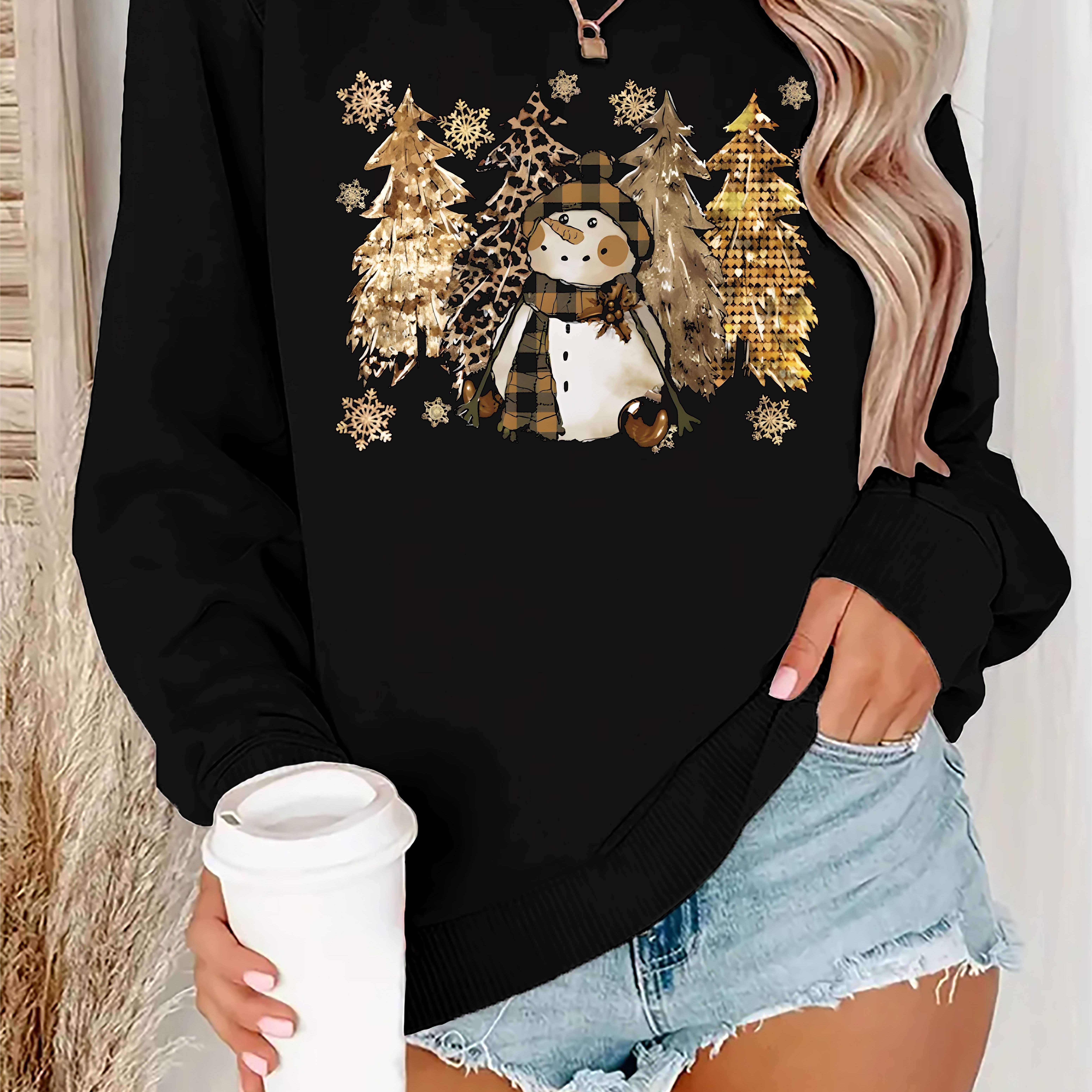 

Women's Casual Crew Neck Applique Sweatshirt - 100% Polyester Knitted Fabric, Christmas Tree & Snowman Pattern, Cozy Fashion Pullover For Fall/winter