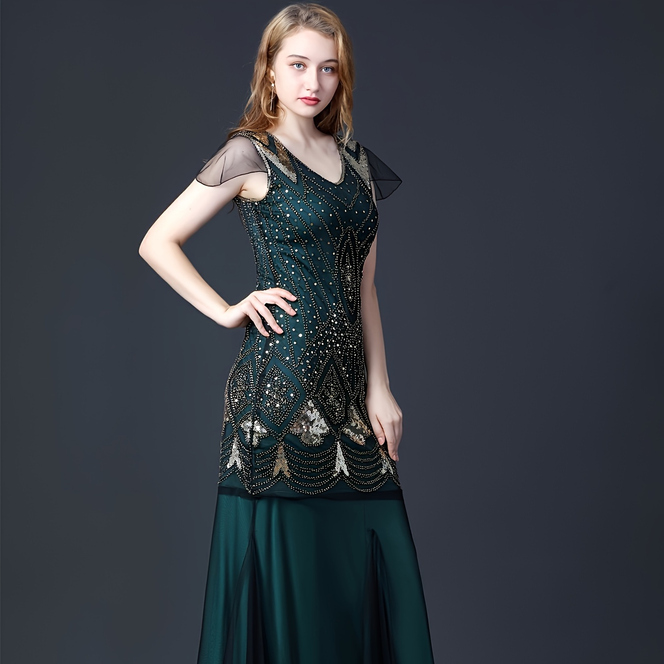 

Plus Size 1920s Flapper Vintage Dress V Deco Long Maxi Gown Dresses For Christmas Party