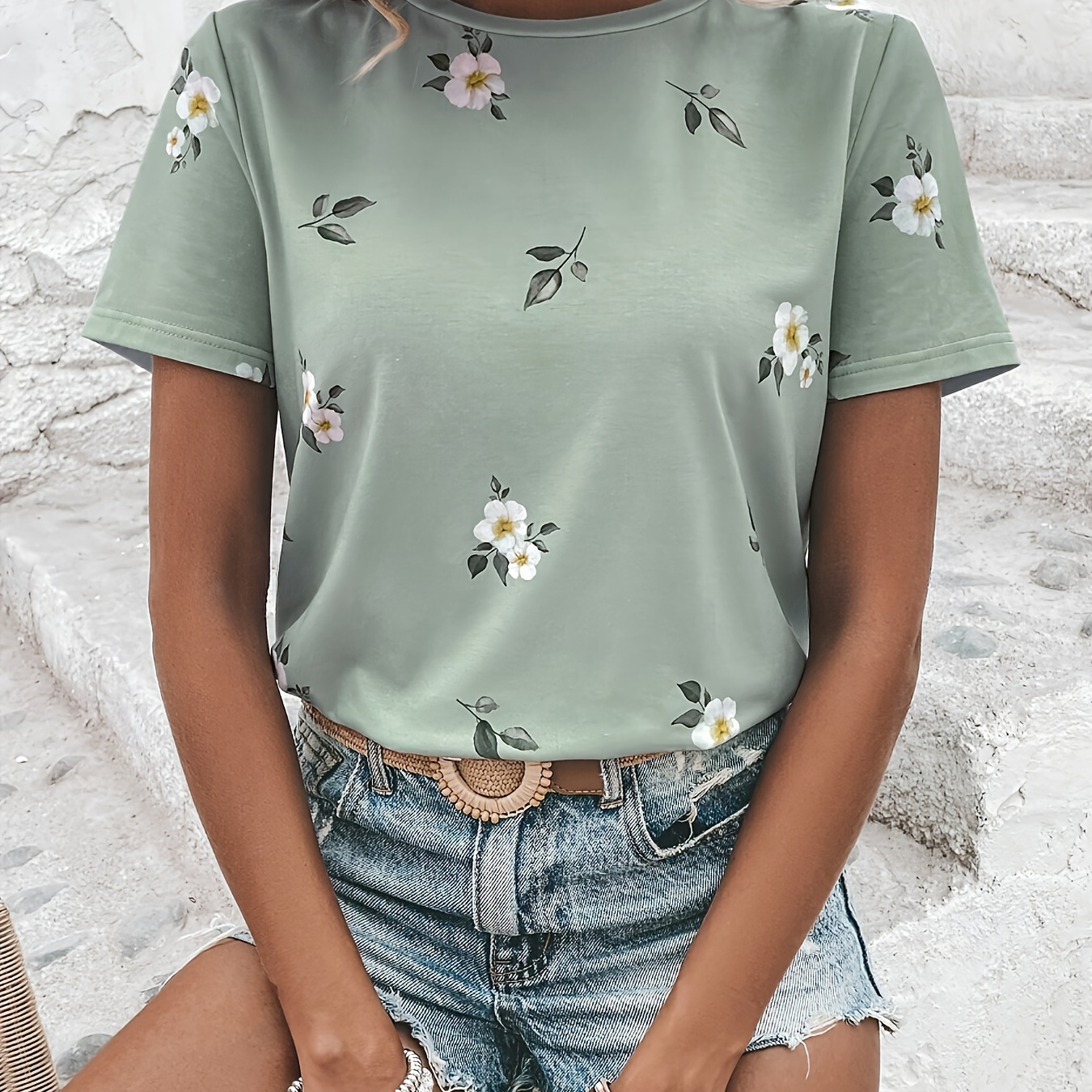 

Floral Print Crew Neck T-shirt, Vintage Short Sleeve T-shirt For Spring & Summer, Women's Clothing