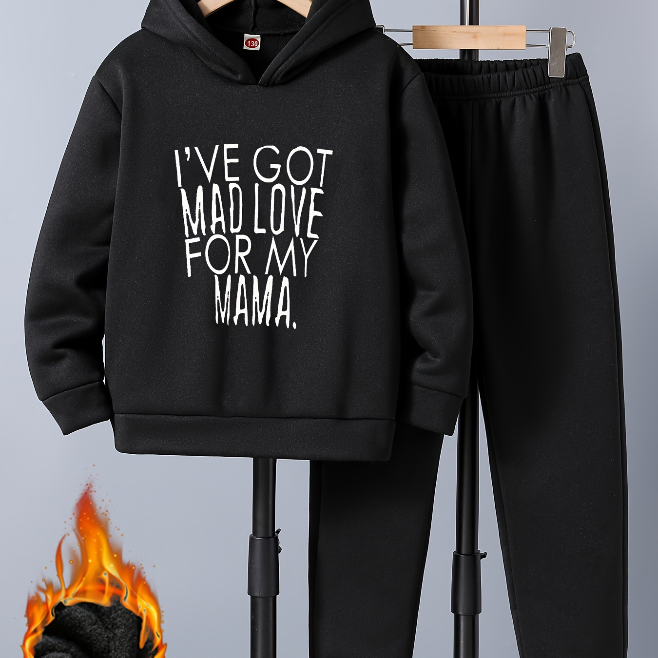 

2pcs "mad Love For My Mama" Print Fleece Outfit For Boys, Warm Hoodie & Pants Set, Trendy Hooded Long Sleeve Top, Kid's Clothes For Fall Winter, As Gift