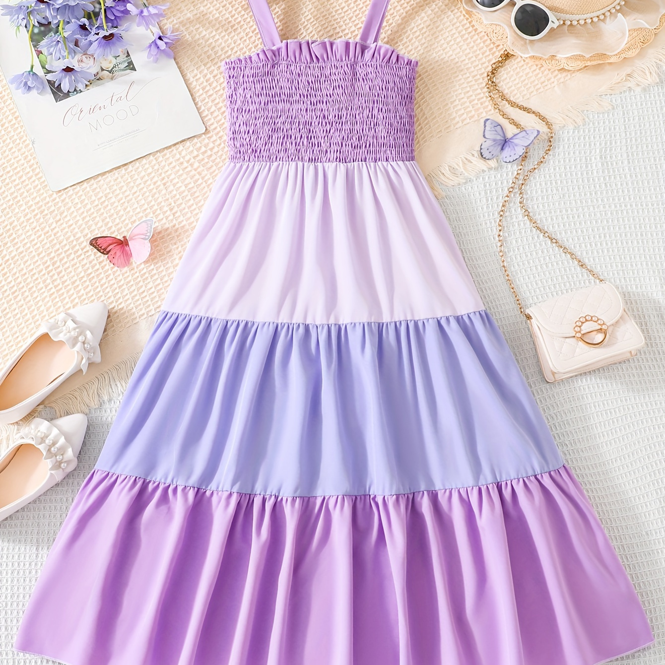 

Color Spliced Swing Fit Suspender Dress For Girls, Summer Going Out Holiday Casual Dresses, Gift Idea