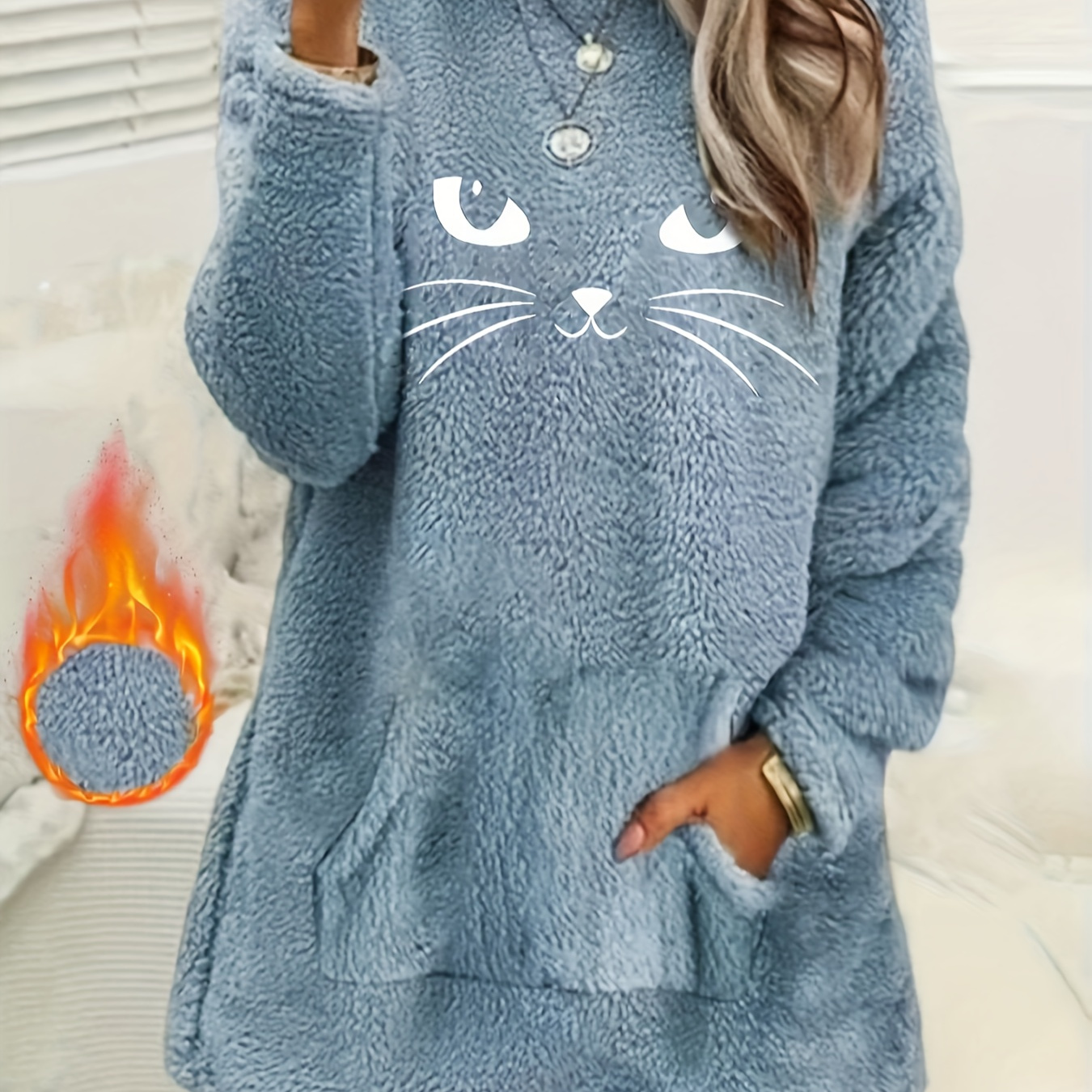 

Elegant Autumn-winter Fleece Sweater For Women - Round Neck, Long Sleeve With And Geometric Print, Machine Washable