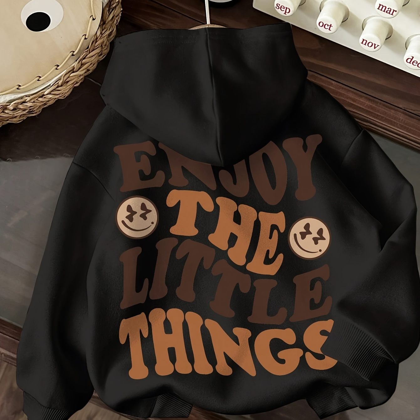 Women's Casual Hooded Sweatshirt with "Enjoy The Little Things" Back Print - 100% Polyester, Stretchy Winter Warmth, Drawstring Hood & Machine Washable, Black with Brown Lettering