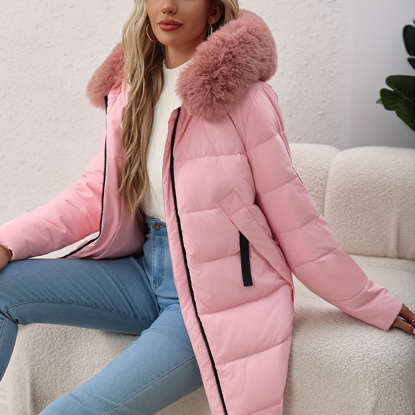 

Elegant Women's Long Pink Puffer Jacket With Detachable Fur Hood - Stylish Zip-up Warm Outerwear, Polyester, Winter , Winter Coat