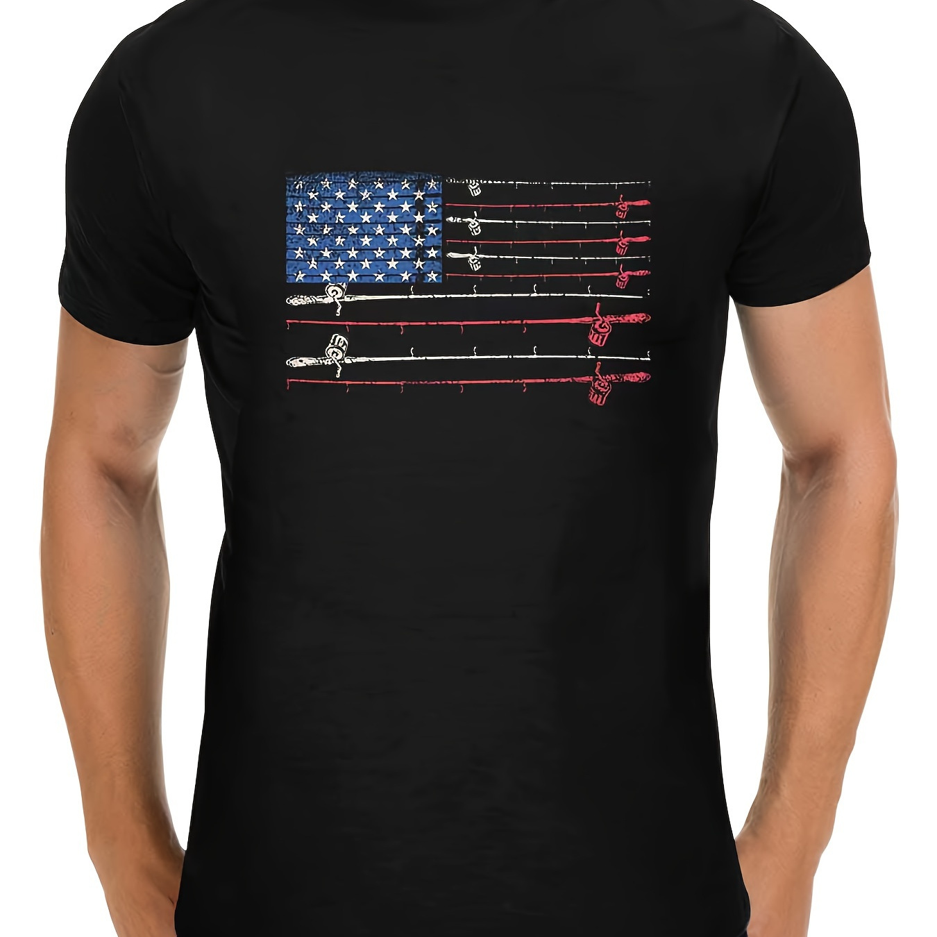 

American Pride Meets Fishing Passion: Men's Black Cotton T-shirt With Unique Fishing Rod-inspired Flag Design