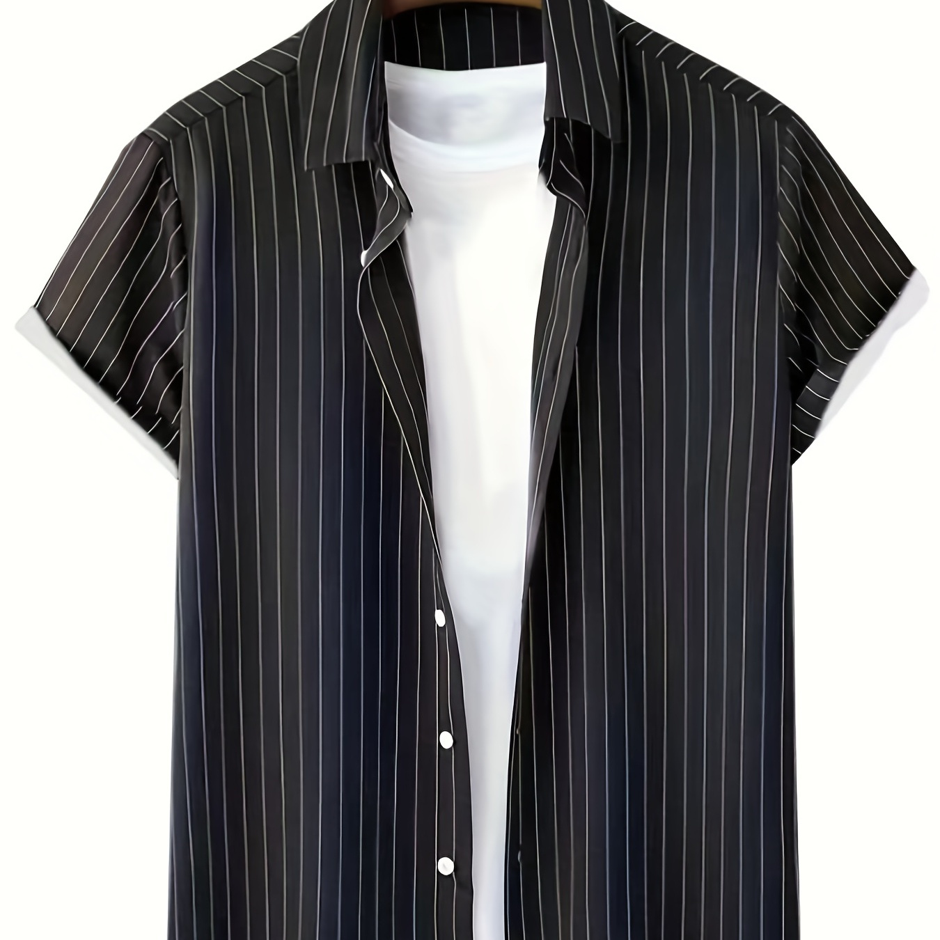 Mens Casual Stripe Non Stretch Button Up Short Sleeve Shirt, Male Clothes For Summer