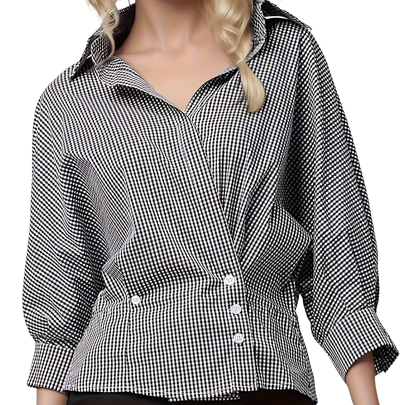 

Plaid Print Button Front Blouse, Stylish Batwing Sleeve Lapel Blouse For Spring & Fall, Women's Clothing