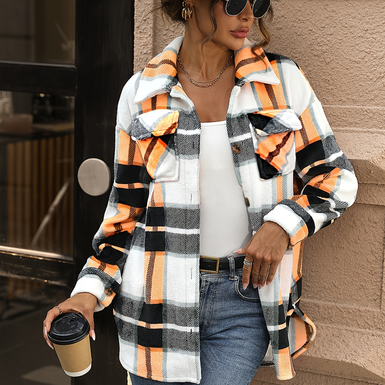 

Pattern Lapel Long Sleeve Jacket, Casual Button Front Flap Pockets Jacket For Fall, Women's Clothing