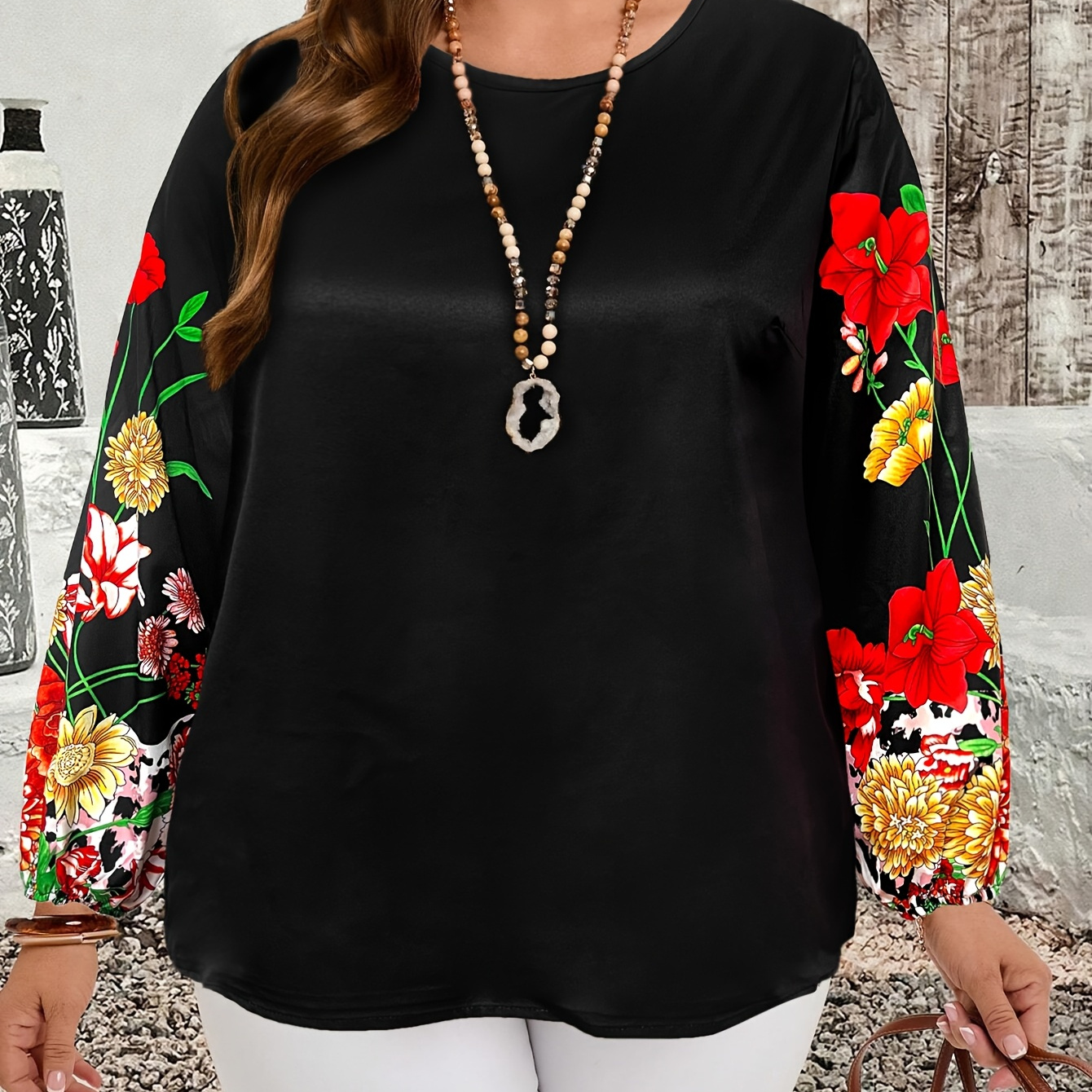 

T-shirt à imprimé floral grande taille pour femmes, col rond décontracté, haut en polyester avec tissu non extensible, tissé, pour toutes les