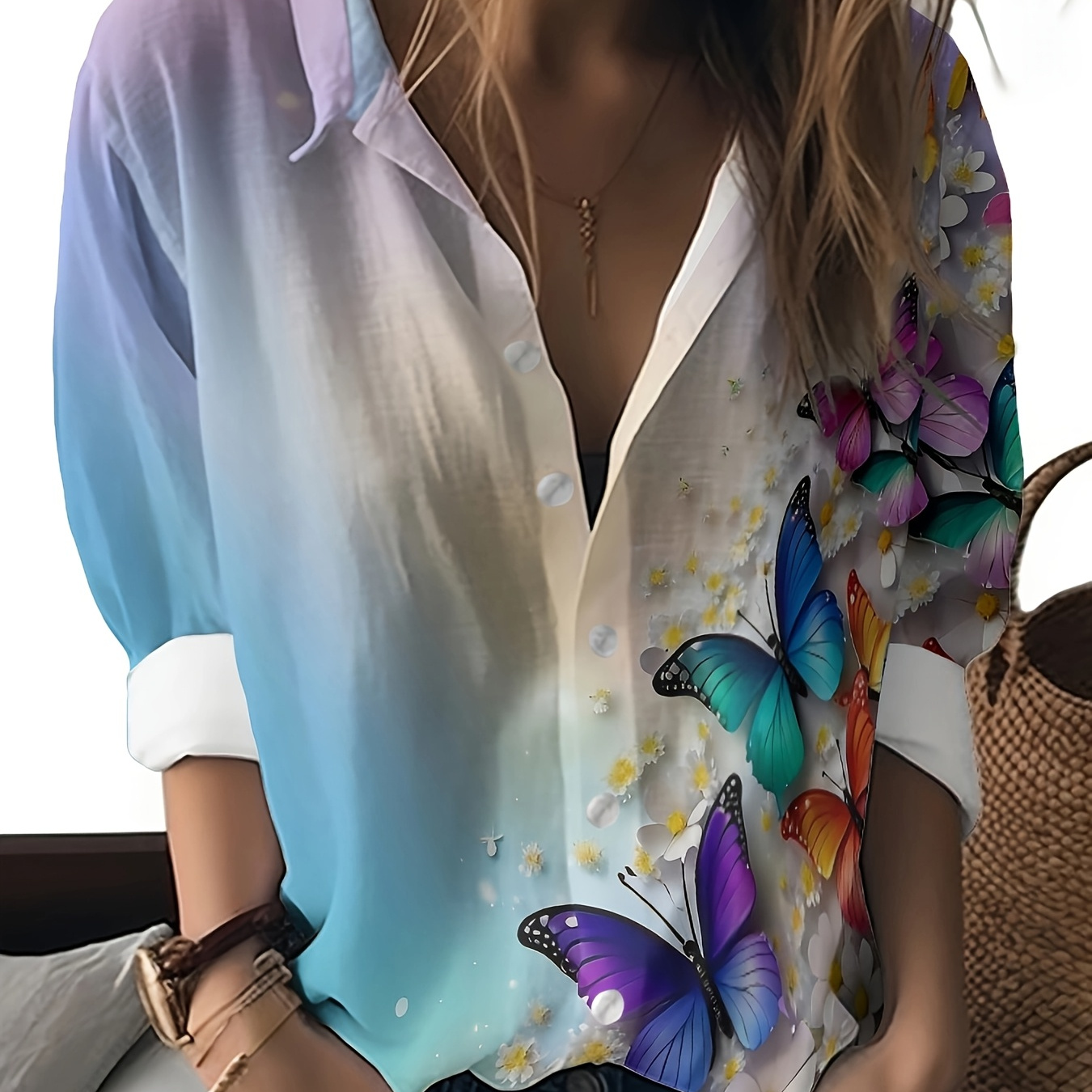 

Chemise Décontractée à Manches Longues pour Femme avec Imprimé Papillon & Floral Vibrant - Polyester Léger, Lavable en Machine, pour /Automne, Blouse à Imprimé Floral