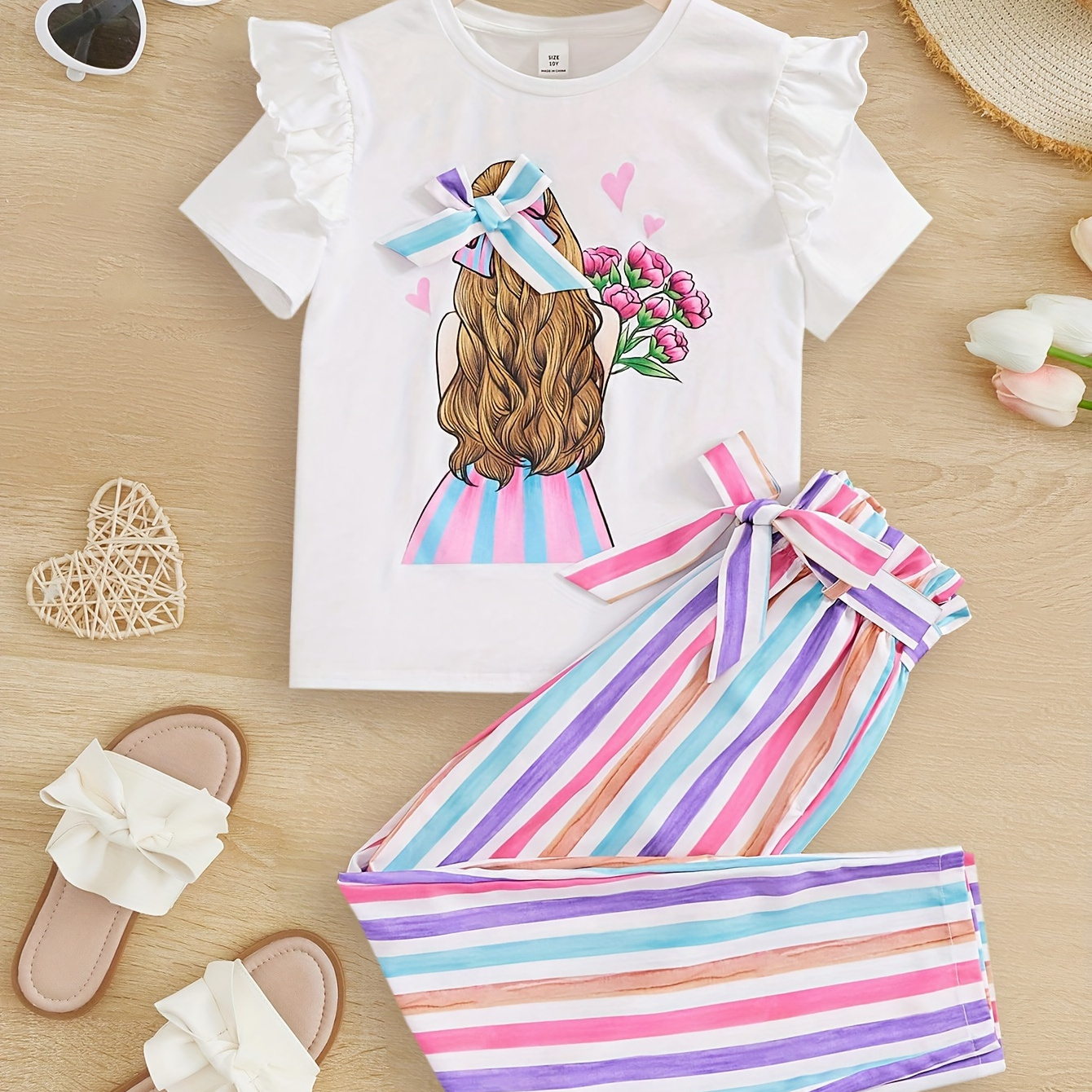 

2 Pcs Sweet Tulip & Bridesmaid Pattern Ruffle Short Sleeve Top + Striped Pants Girl's Set - Ideal For Summer & Casual Outings