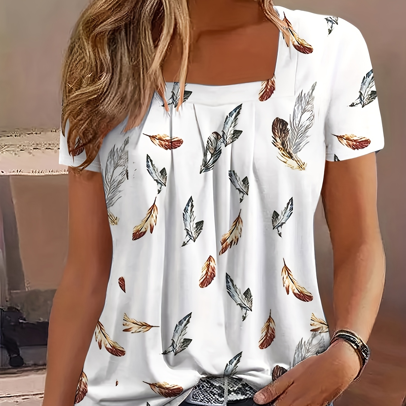 

Women's Summer Casual Print T-shirt, Polyester , Short Sleeve, Square Neck, Knit Fabric, Regular Fit, With Detail, For No Padding Pullover Top