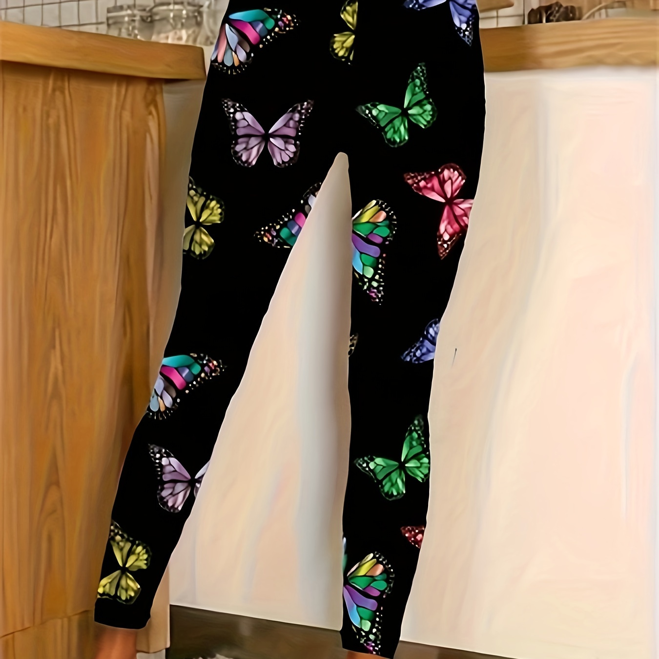 

Plus Size Butterfly Print Skinny Leggings, Casual High Waist Stretchy Leggings, Women's Plus Size Clothing