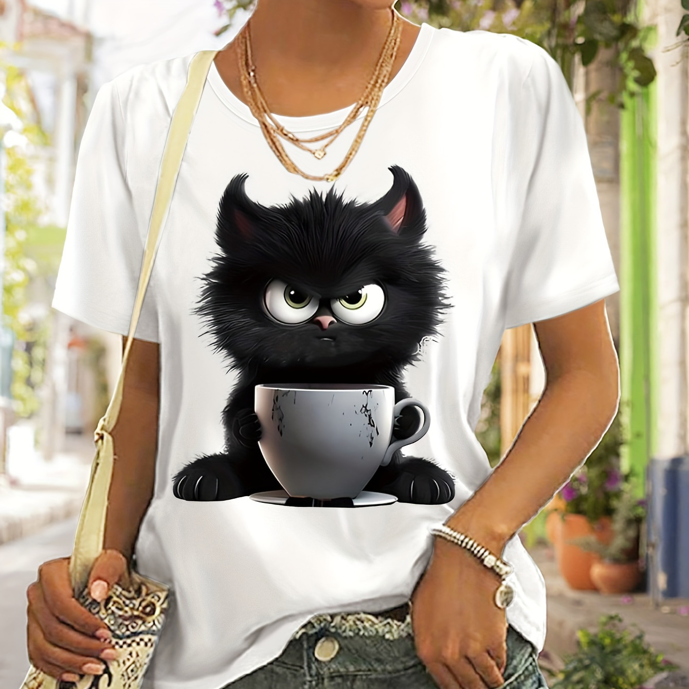 

Cat Print T-shirt, Short Sleeve Crew Neck Casual Top For Summer & Spring, Women's Clothing