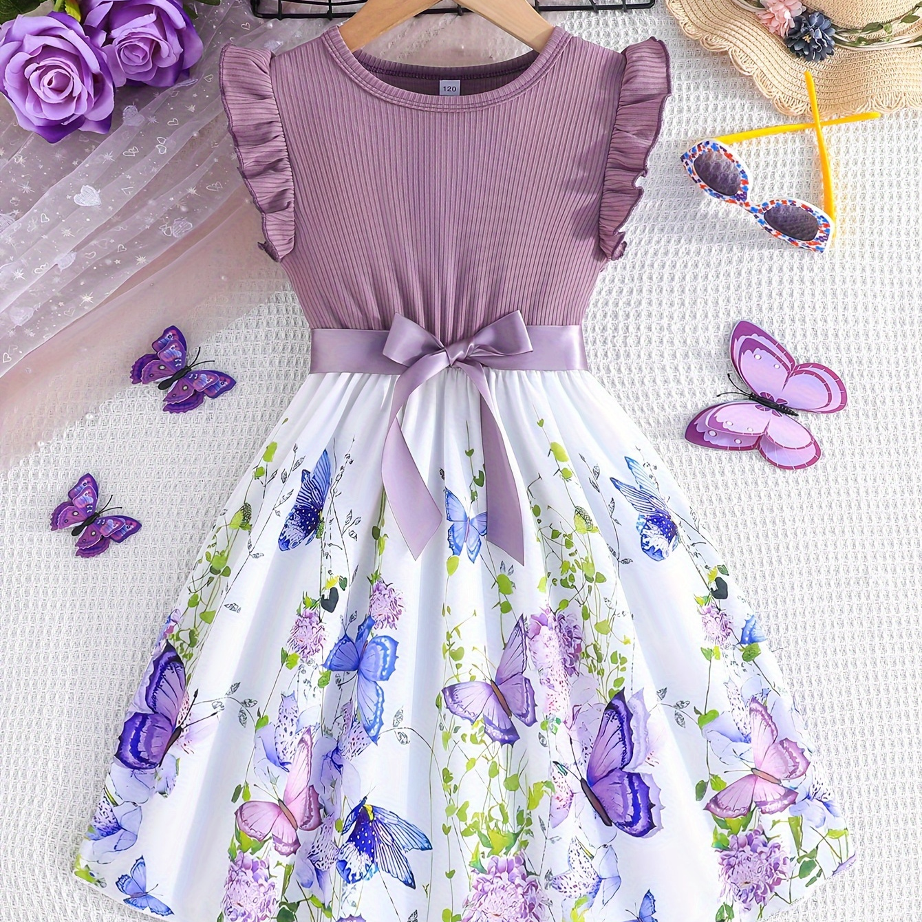 

Fantasy Butterflies Print Splicing Midi Dress Girls Casual Dresses Holiday Summer Gift