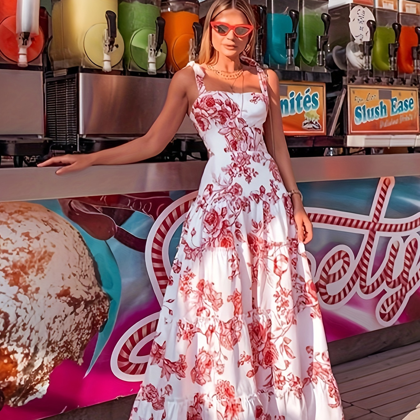 

Floral Print Tank Aline Dress, Elegant Ruffle Hem Sleeveless Maxi Vacation Dress For Spring & Summer, Women's Clothing