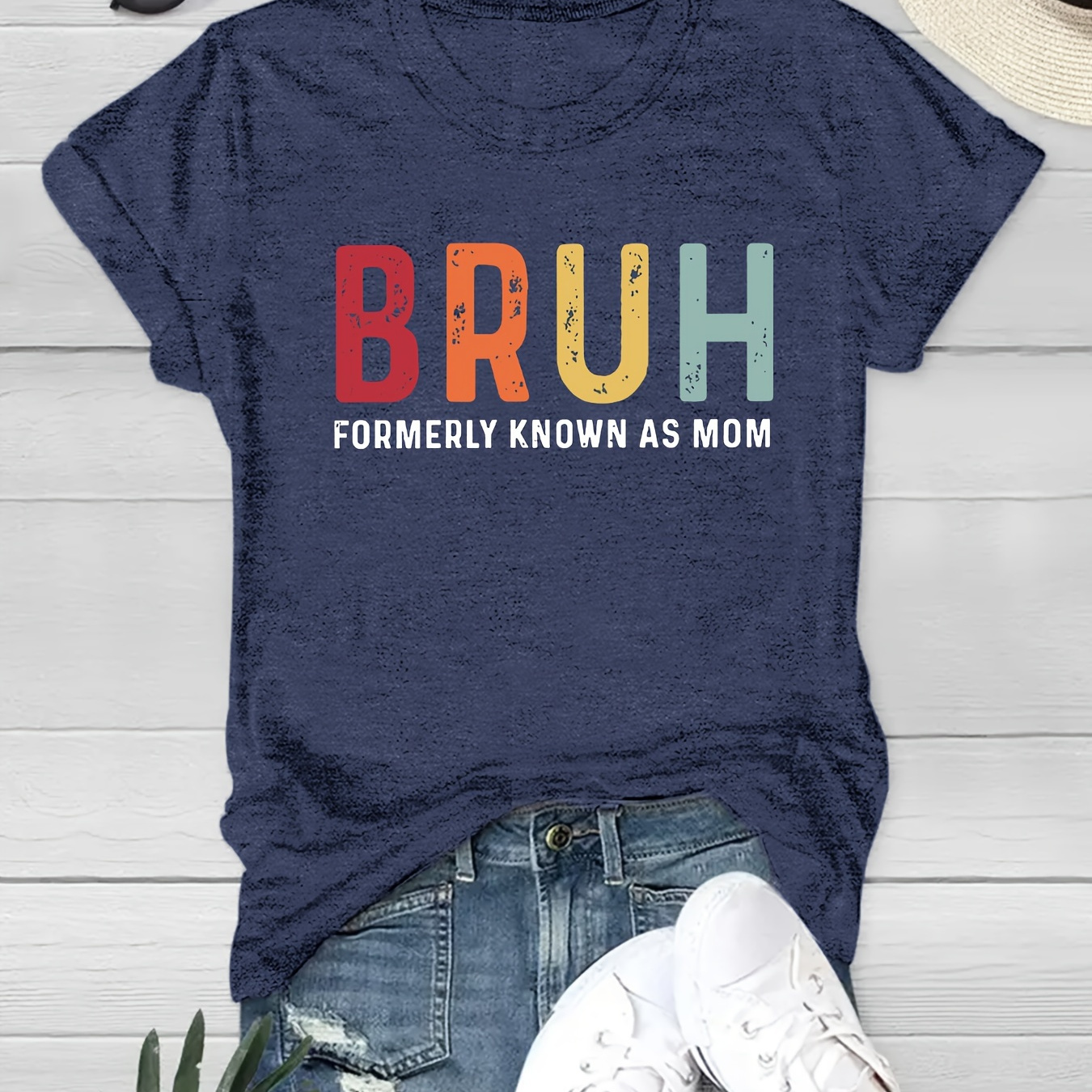 

Bruh Mom Print T-shirt, Short Sleeve Crew Neck Casual Top For Summer & Spring, Women's Clothing