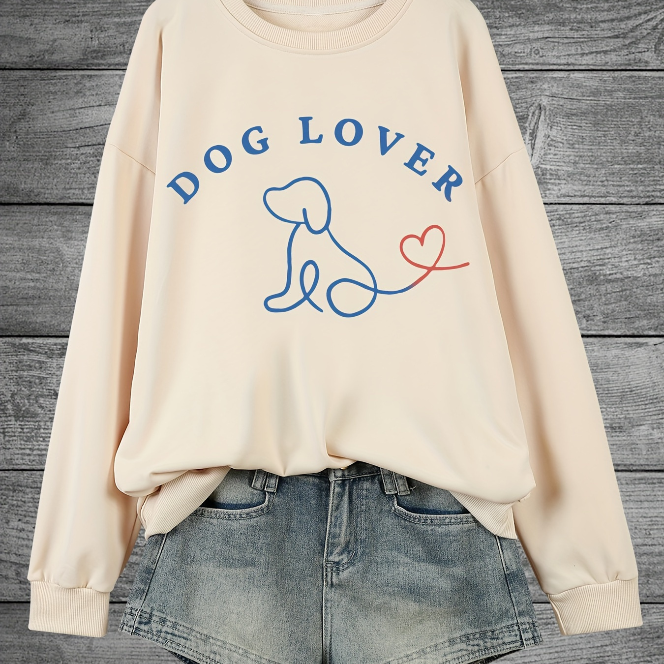 

Plus Size Dog & Letter Print Sweatshirt, Crew Neck Casual Sweatshirt For Fall & Spring, Women's Plus Size Clothing