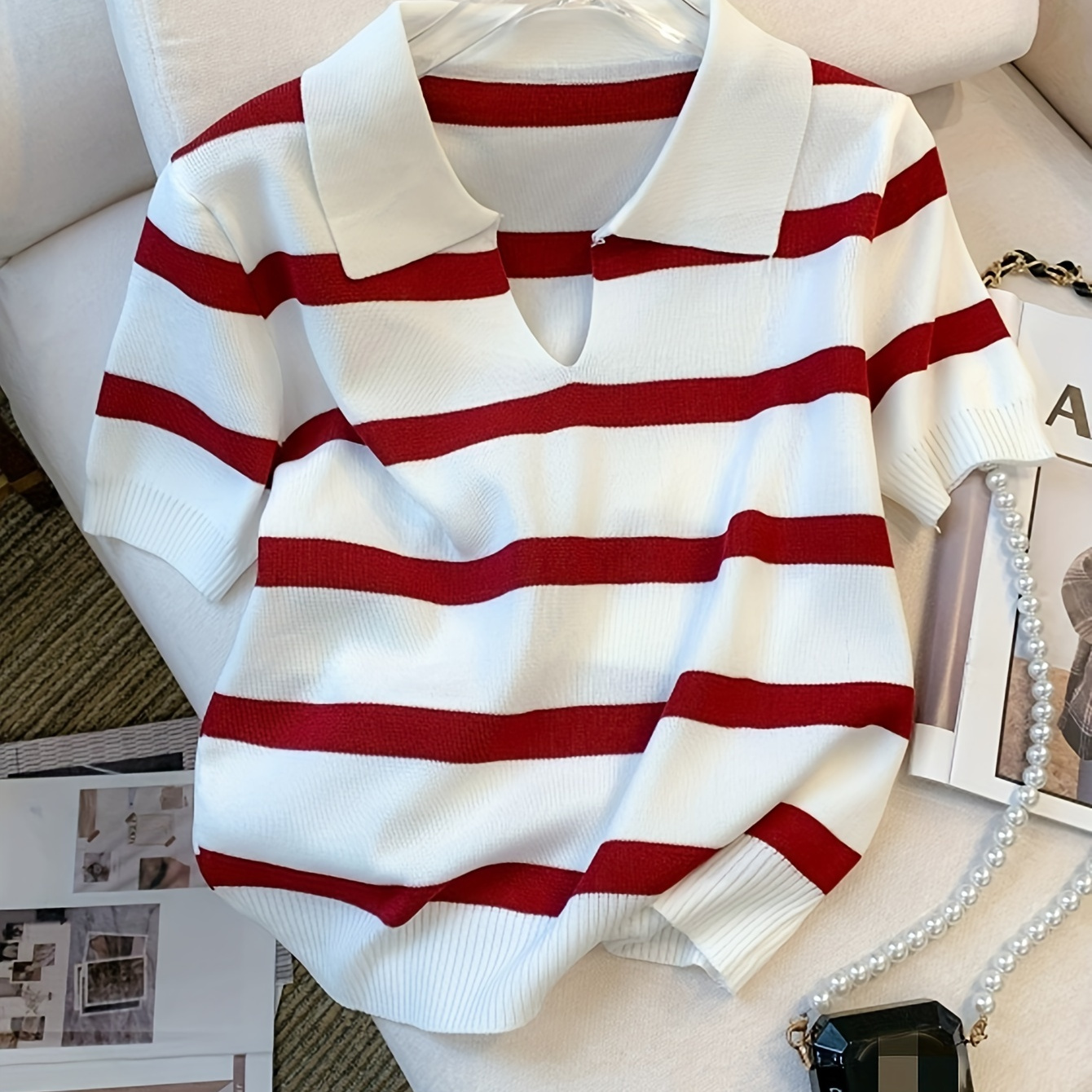 

Striped Pattern Collared Sweater, Versatile Short Sleeve Knitted Top For Spring & Summer, Women's Clothing