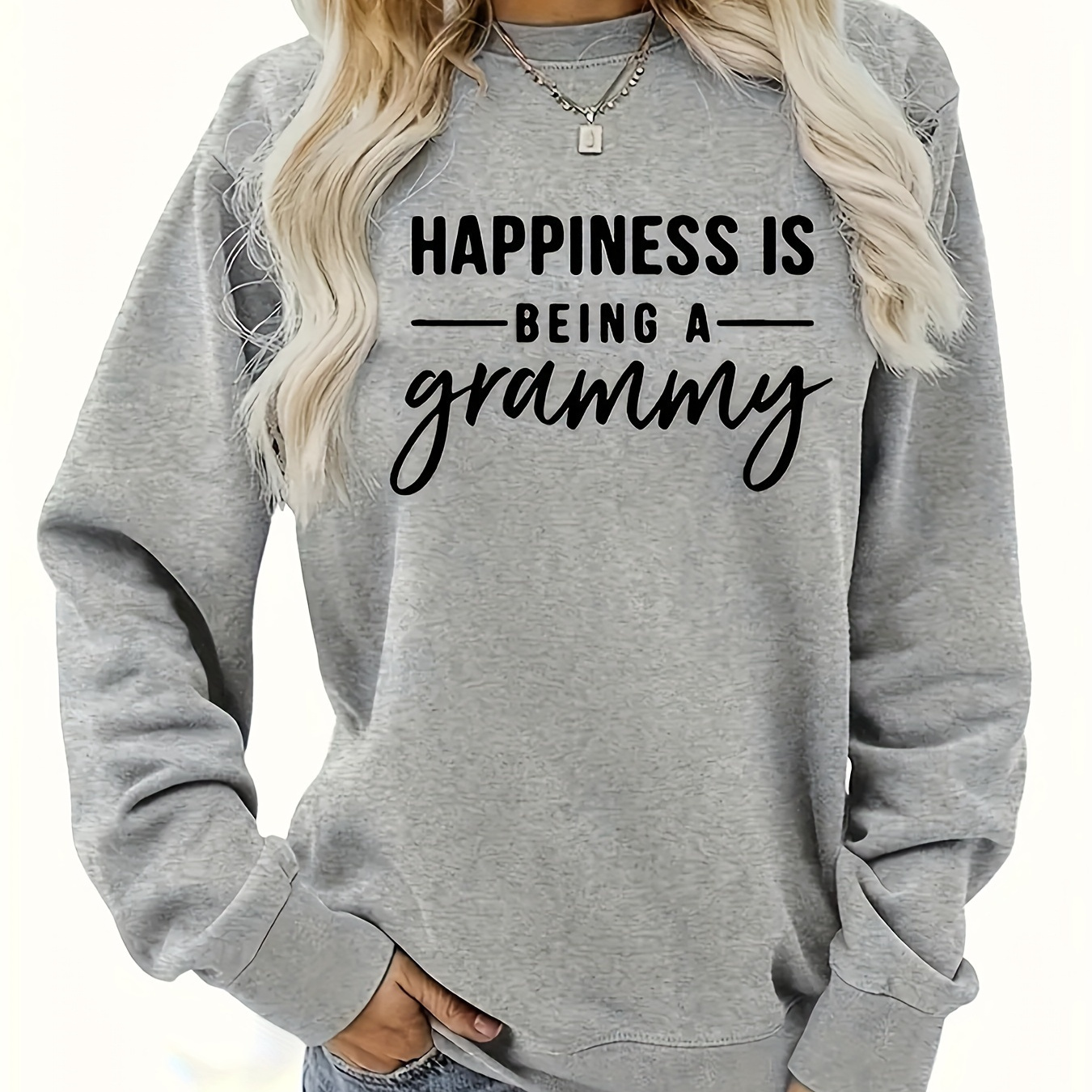 

Plus Size Grammy Letter Print Pullover Sweatshirt, Casual Long Sleeve Crew Neck Sweatshirt For Fall & Spring, Women's Plus Size Clothing