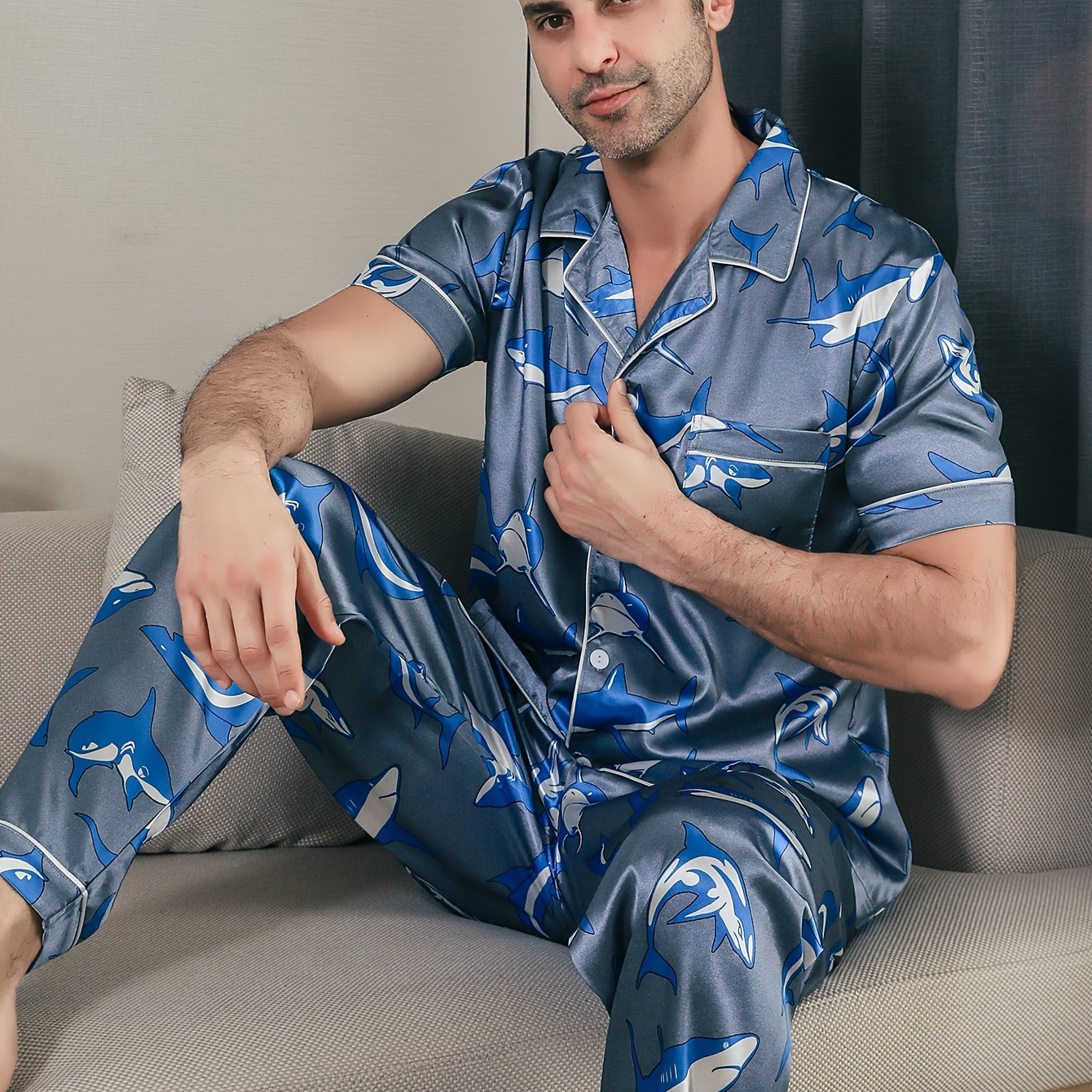 

2pcs Elegant Men's Ice Silk Pajama Set, Cartoon Shark Pattern Print Short Sleeve Lapel Cardigan Top + Trouser Lightweight Summer Sleepwear Lounge Wear Set