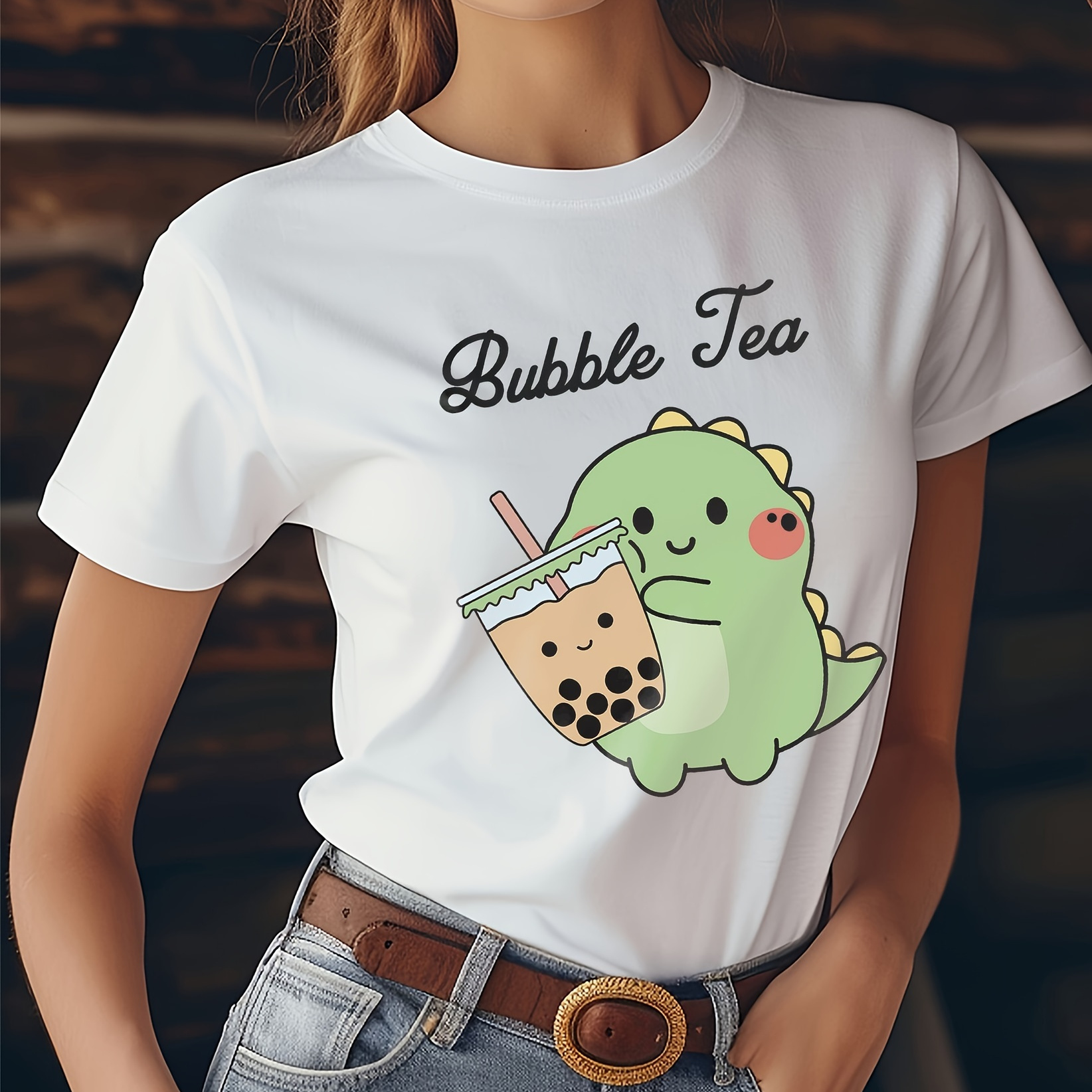 

Bubble Tea Print T-shirt, Short Sleeve Crew Neck Casual Top For Summer & Spring, Women's Clothing