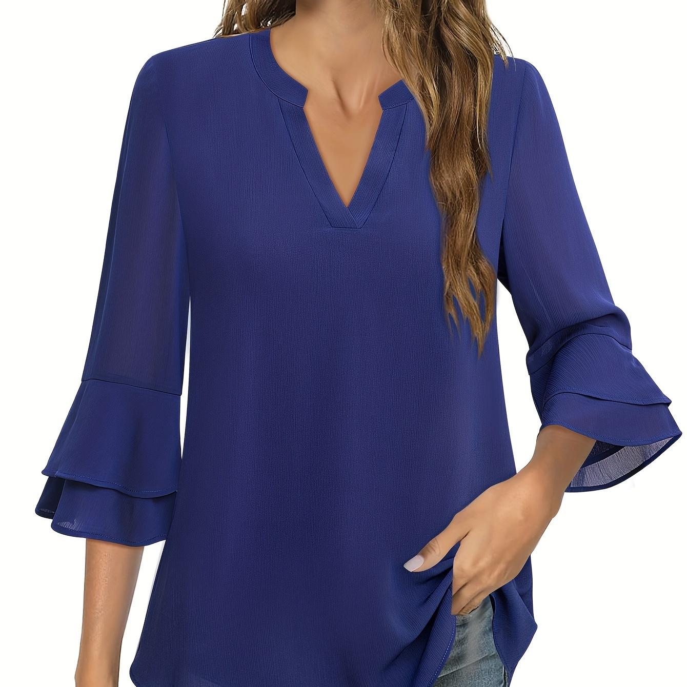 

Women's 3/4 Bell Sleeve Double Chiffon Tunic Split Collar Shirt