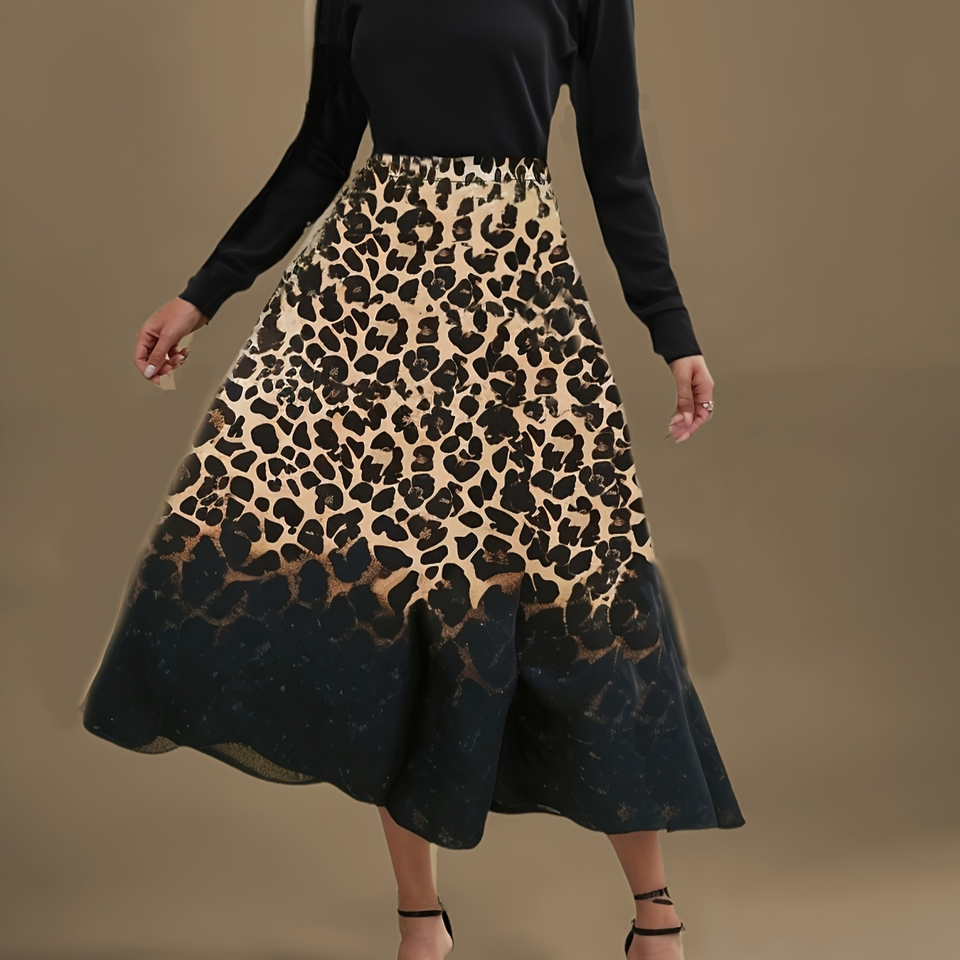 

1pc Elegant Leopard Print Gradient Skirt For Women, 95% Polyester 5% Elastane, Woven Regular Length, Fashion