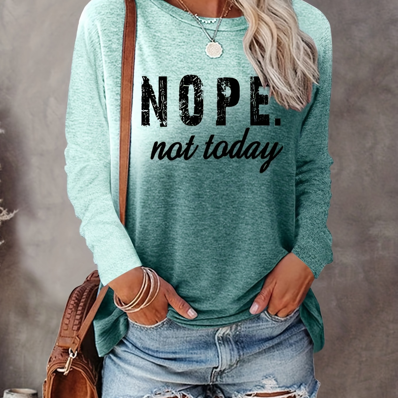 

Nope Not Today Letter Print Crew Neck Pullover Sweatshirt, Casual Long Sleeve Sweatshirt For Spring & Fall, Women's Clothing