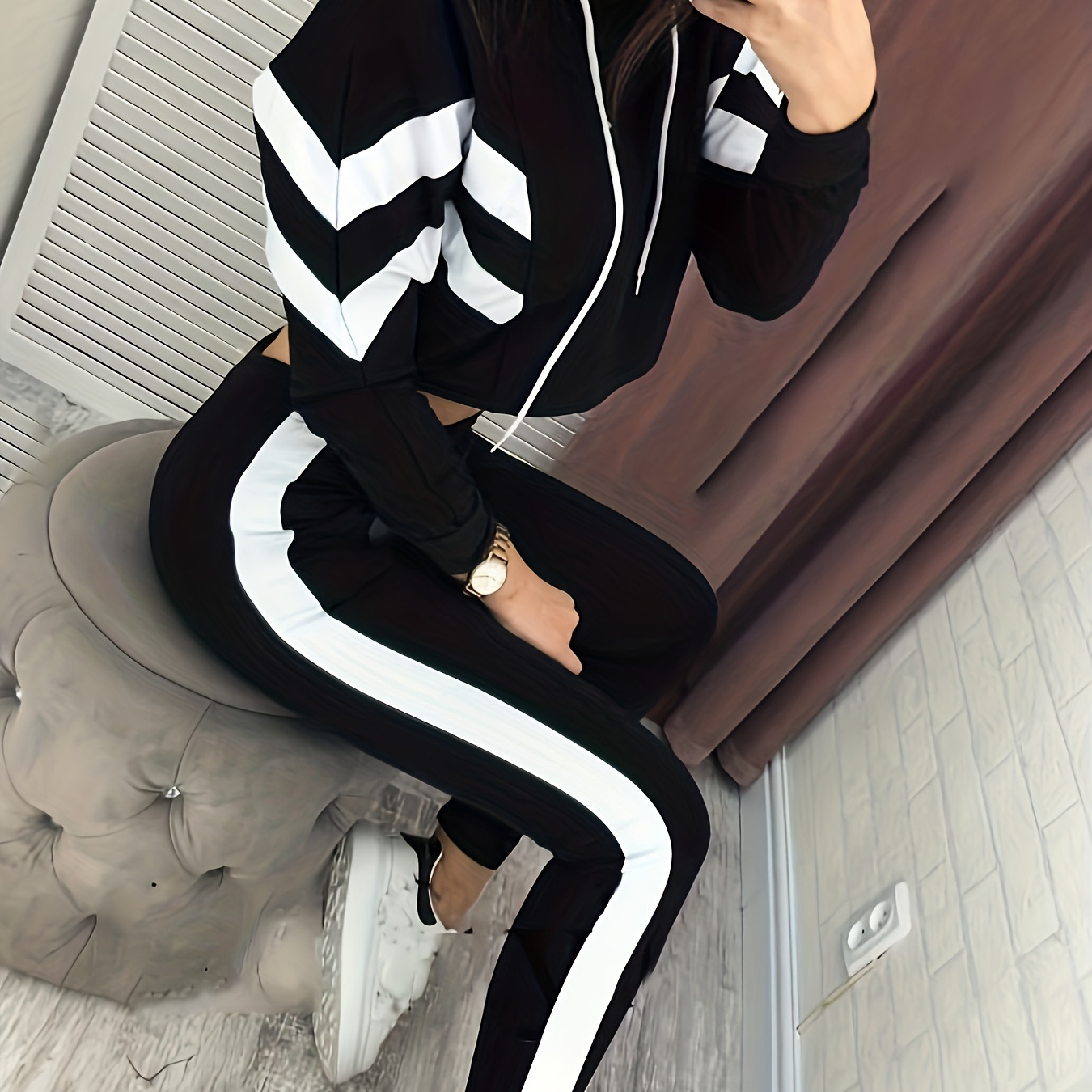 

Colorblock Drawstring Hooded Two-piece Set, Casual Long Sleeve Hoodie & Pants Outfits, Women's Clothing