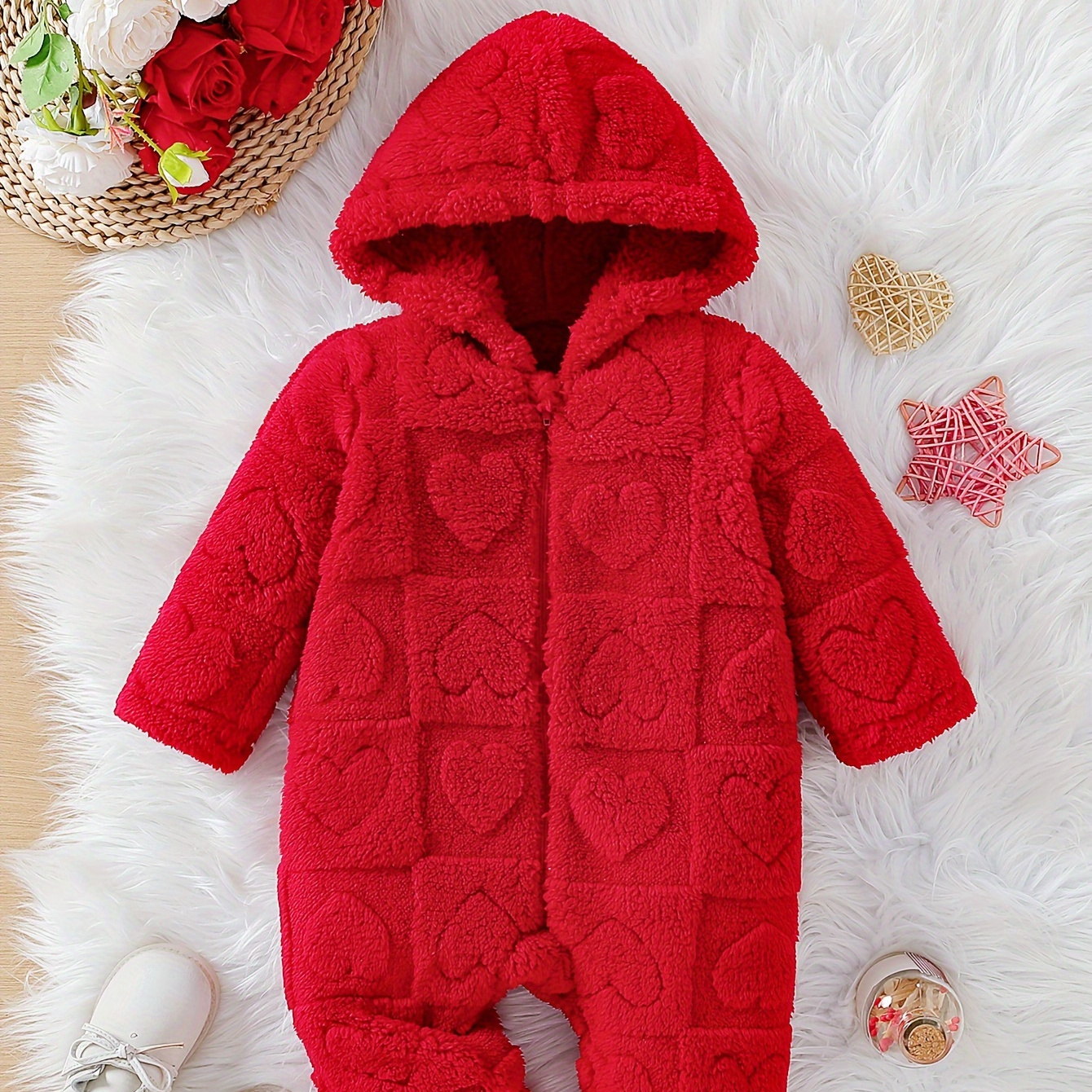 

Baby's Warm Heart Jacquard Hooded Bodysuit, Casual Zip Up Long Sleeve Romper, Toddler & Infant Girl's Onesie For Fall Winter, As Gift