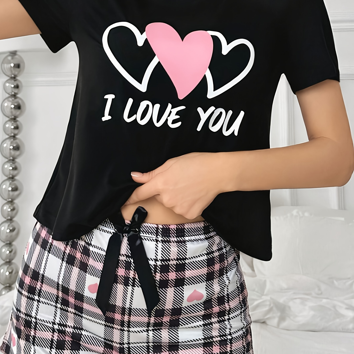 

Heart & Slogan Print Pajama Set, Casual Short Sleeve Round Neck Top & Plaid Shorts, Women's Sleepwear