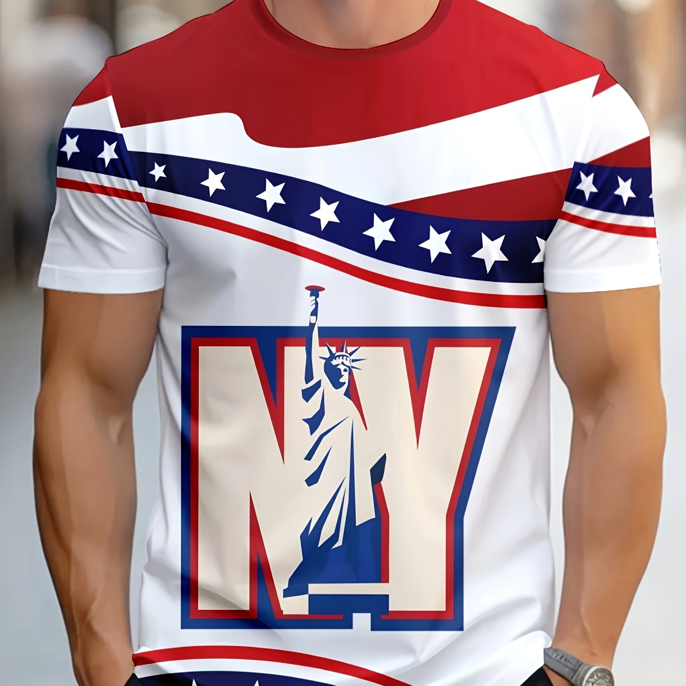 

New Patriotic Graphic Tee For Men - 100% Polyester Casual Crew Neck T-shirt With Usa Flag And Statue Of Print, Slight Stretch Knit Fabric