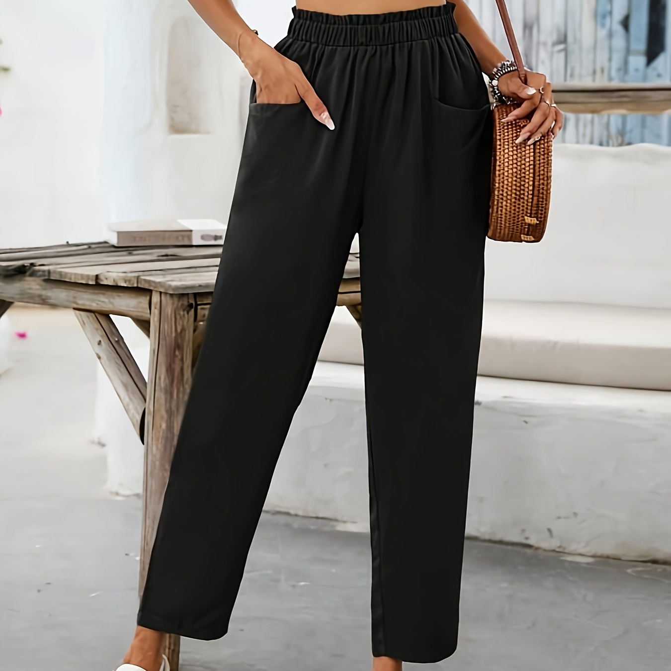 

Elastic Waist Straight Leg Pants, Casual Dual Pockets Loose Pants For Spring & Summer, Women's Clothing