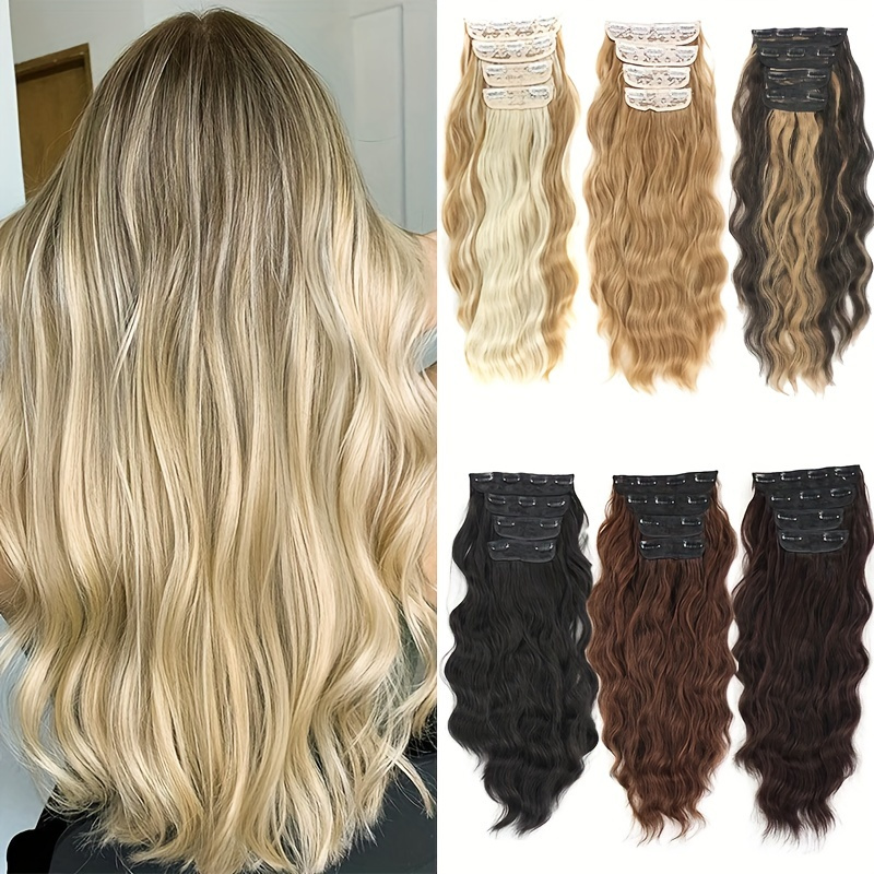7pcs/set Long Body Wave Hair Extension Curly Full Head Clips in Synthetic Hair Extensions, Human Hair Extensions for Women,Temu