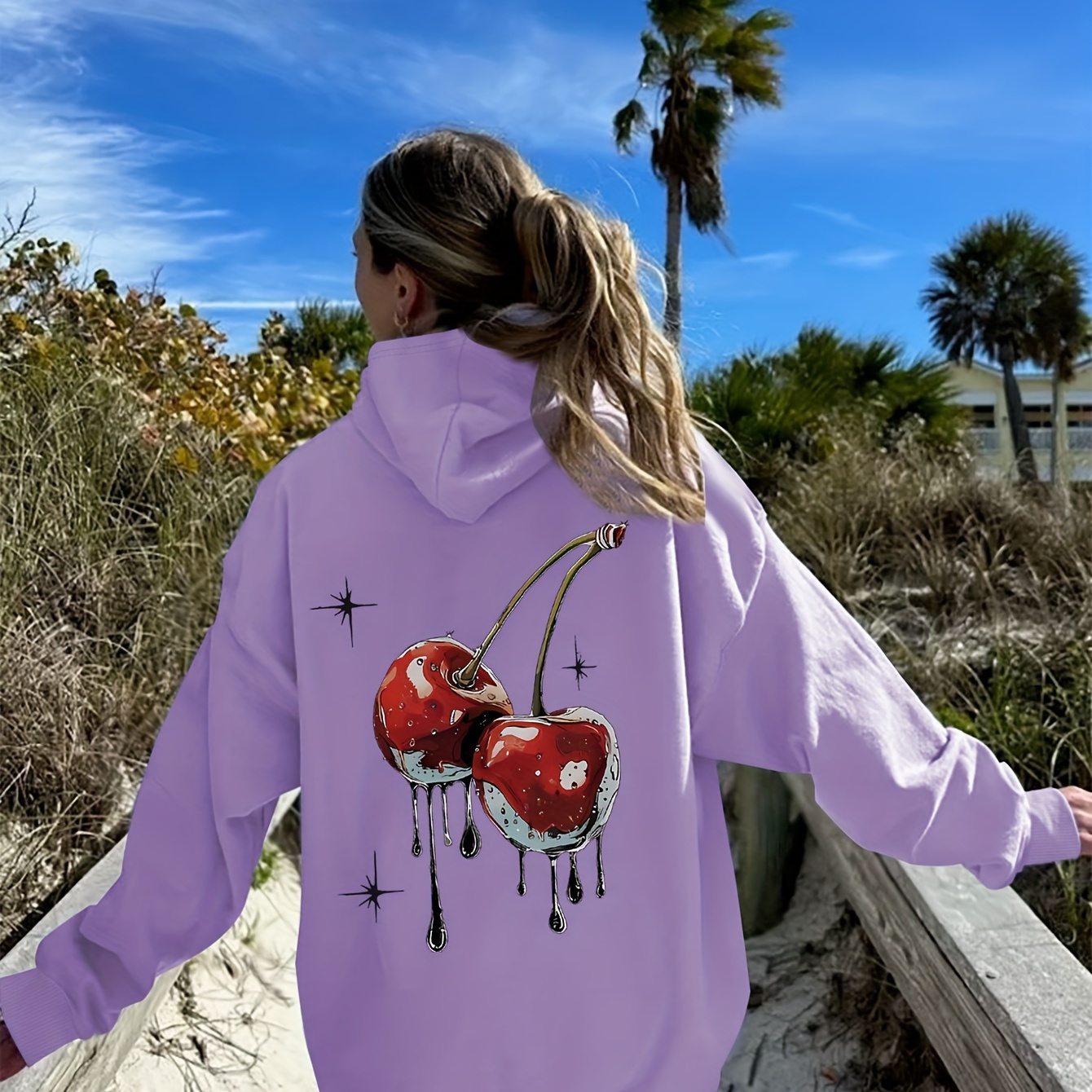 

Cherry Print Hoodie, Casual Long Sleeve Hooded Sweatshirt, Women's Clothing