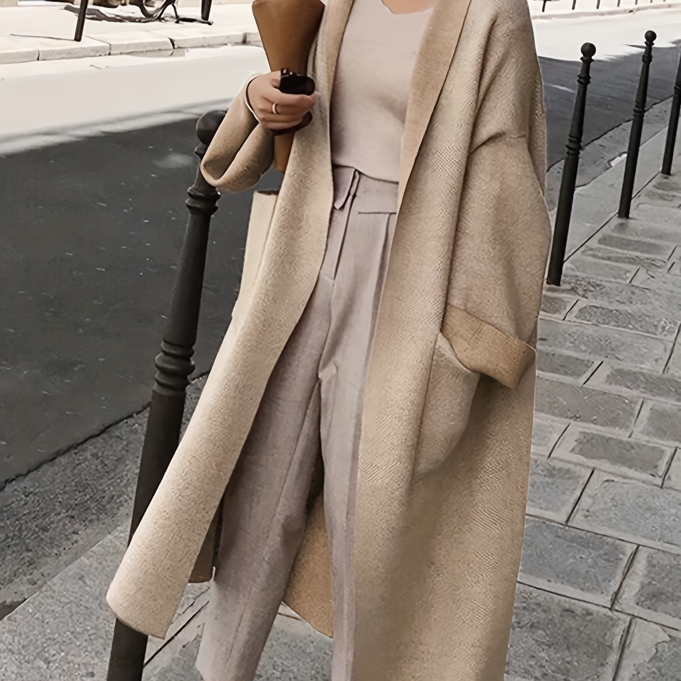 

Shawl Collar Open Front Coat, Elegant Solid Long Sleeve Dual Pockets Midi Length Coat For Fall & Winter, Women's Clothing