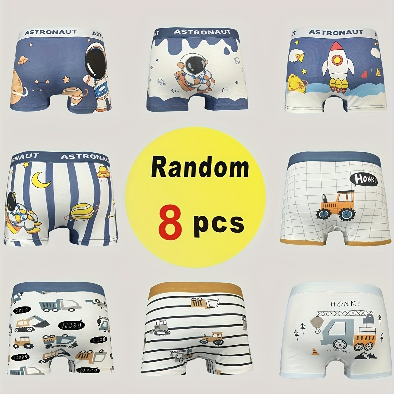 

Random 8pcs Children's Boxer Briefs Cartoon Astronaut Starry Sky Car Print Cotton Bottoming Underwear Soft Comfy Breathable Kids Shorts For All Seasons